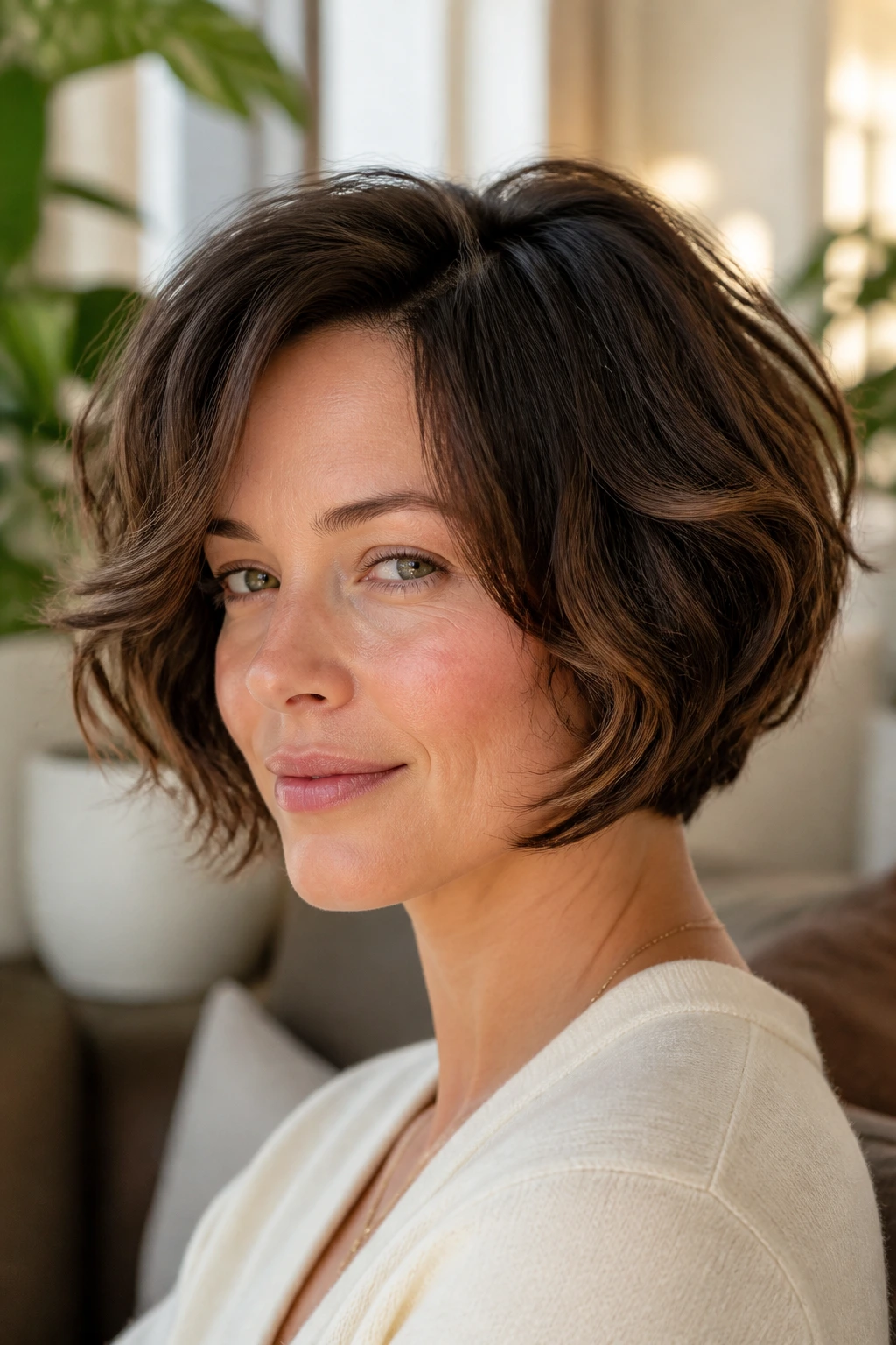 Close-up portrait of a real woman with a rounded volume bob showing soft rounded silhouette