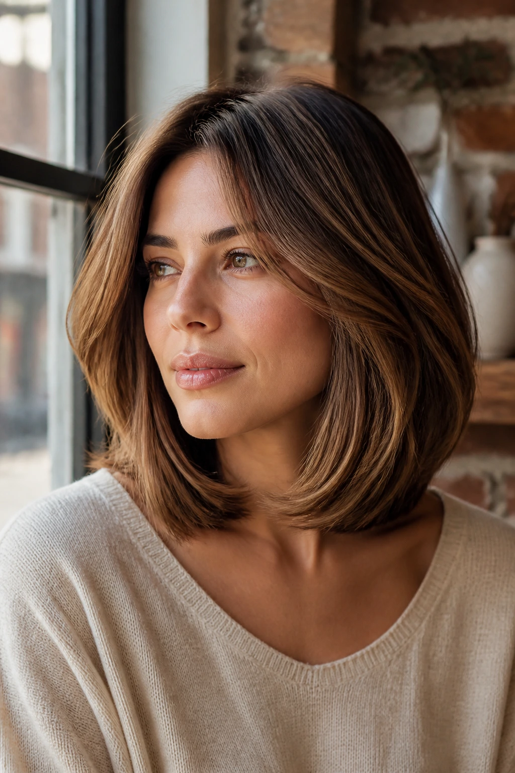 Close-up portrait of a real person with rounded volume lob