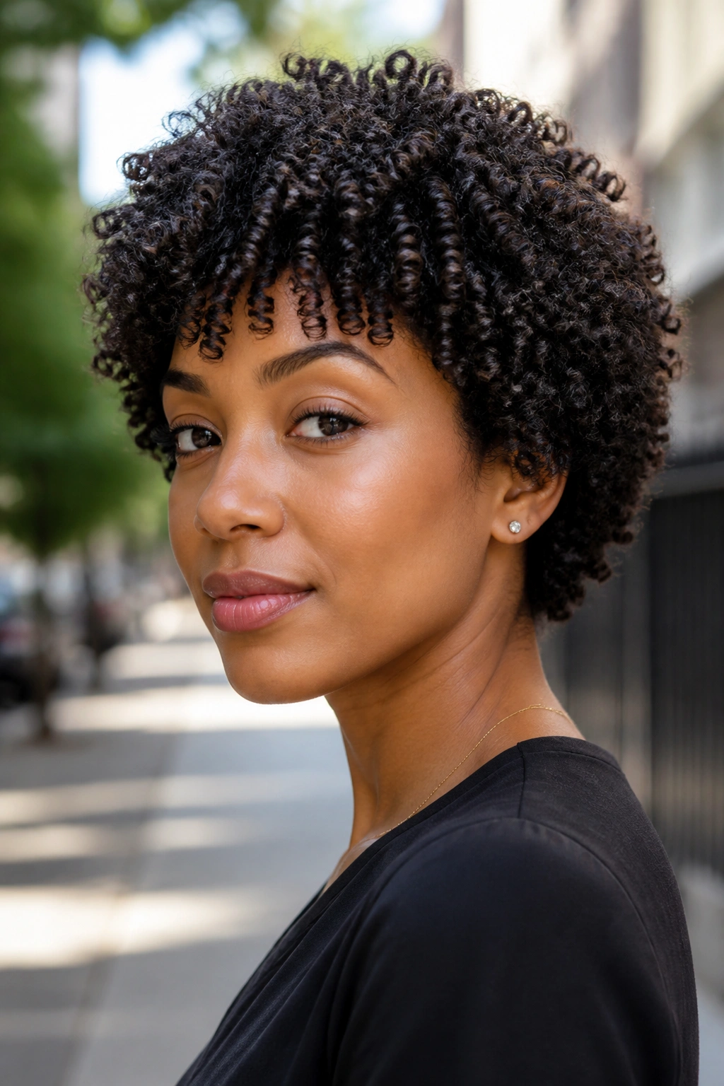 Close-up of a real person with a rounded wash-and-go crop in daytime outdoor setting