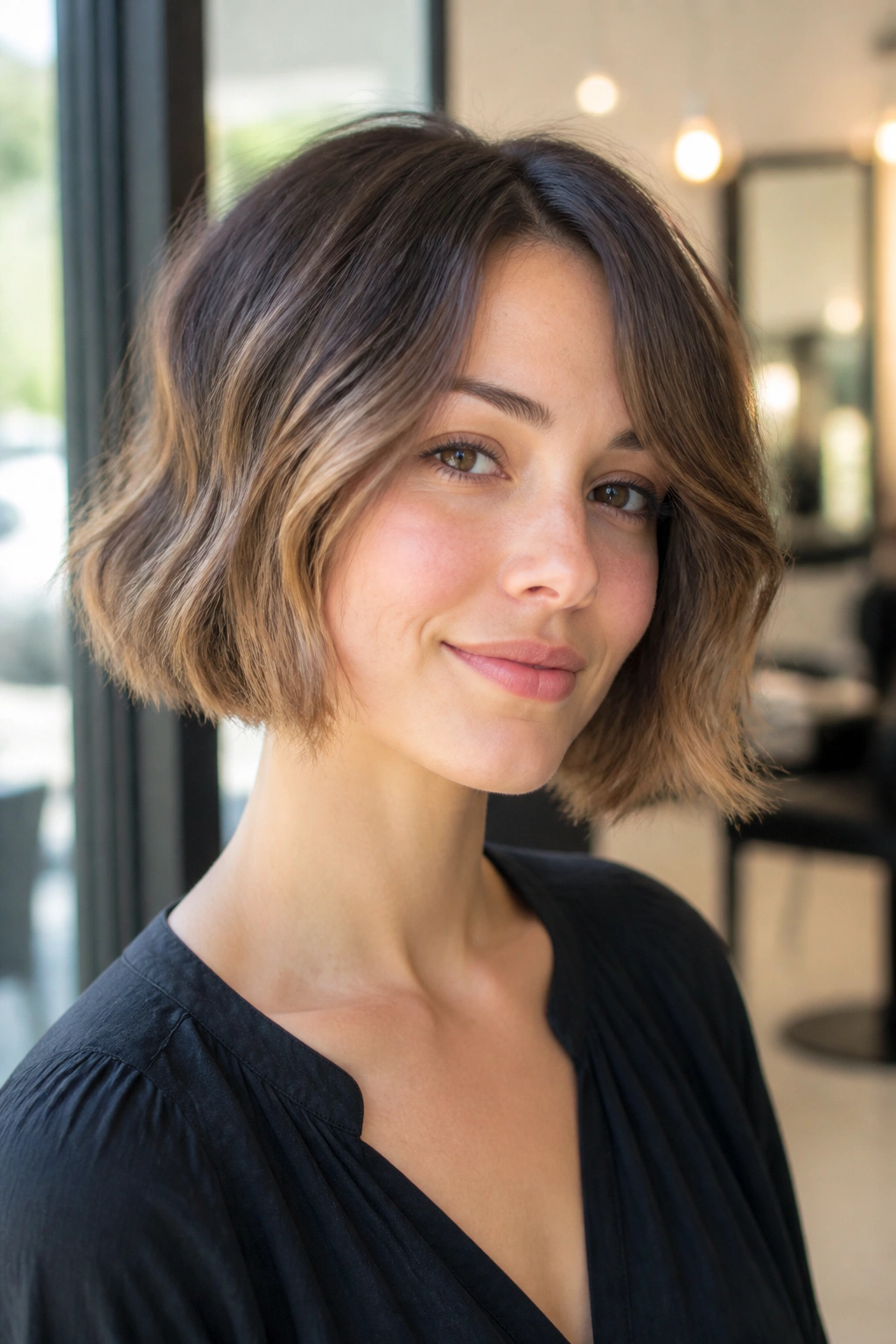 Close-up of a real woman with a rounded wavy bob in soft natural daylight