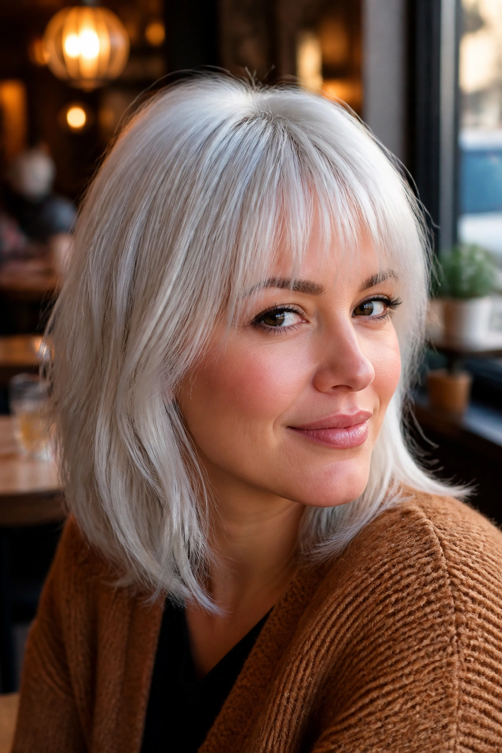 Close-up of a real woman with rounded white bangs in a warm cafe setting.