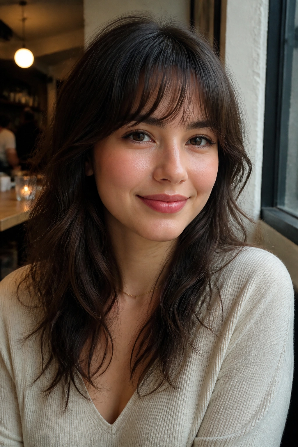 Close-up of a real person with rounded wispy fringe in a cafe setting.