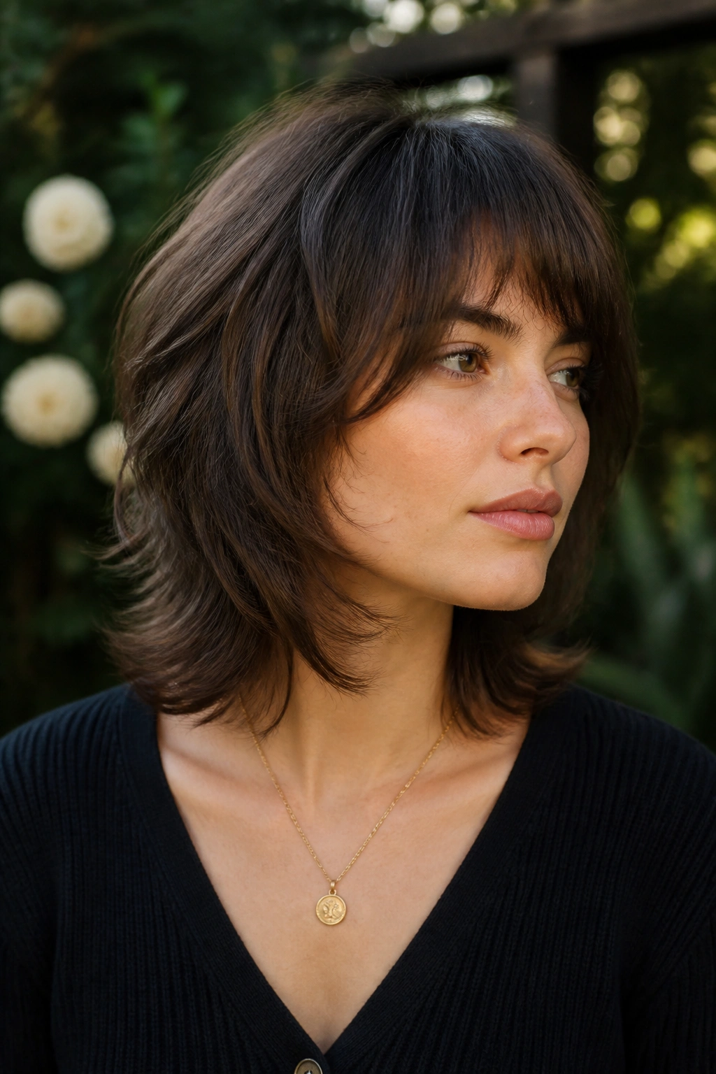 Close-up of a real woman with a rounded wolf cut showing soft curves around the jaw.