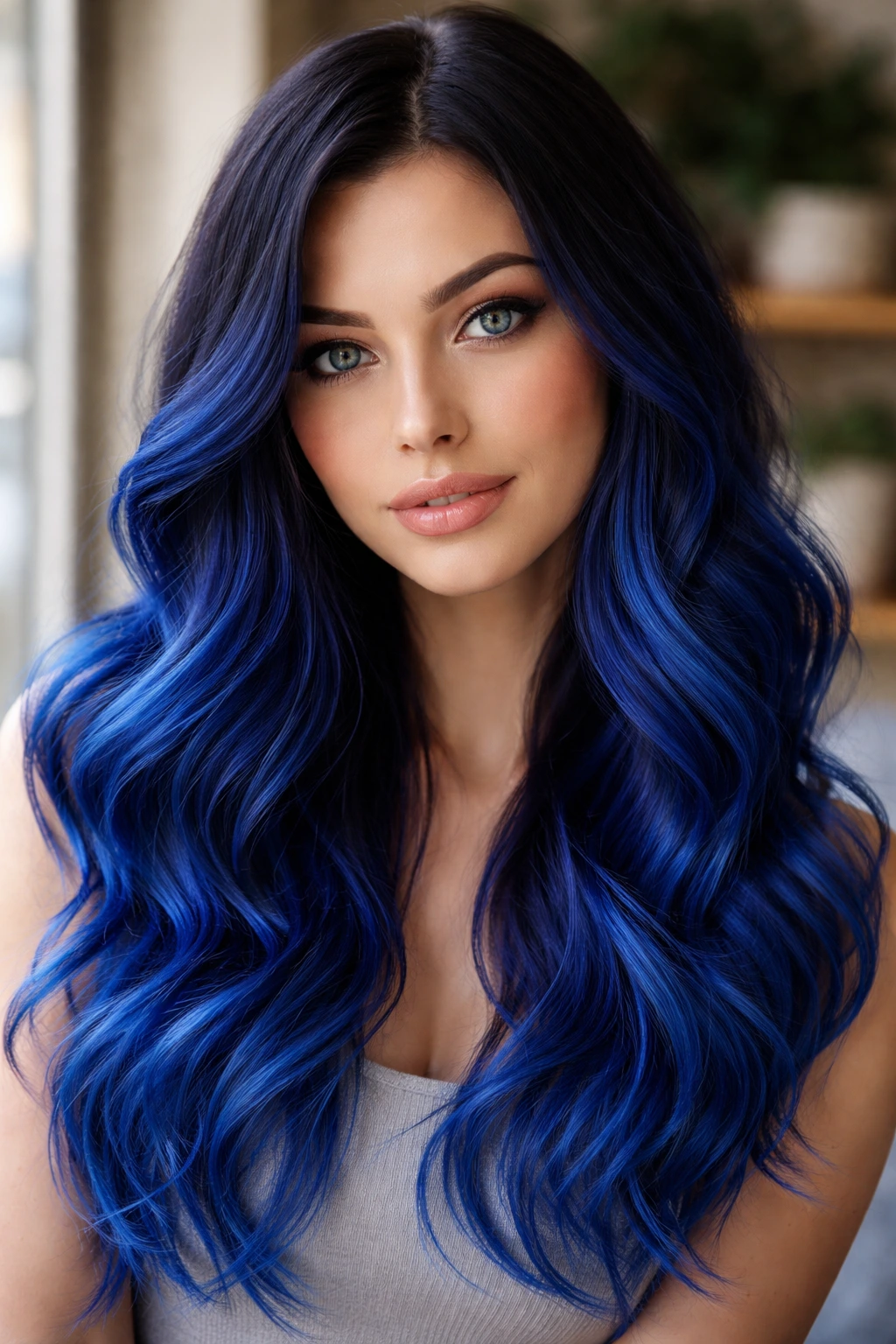 Close-up of a real person with royal blue balayage on mid-lengths and ends.
