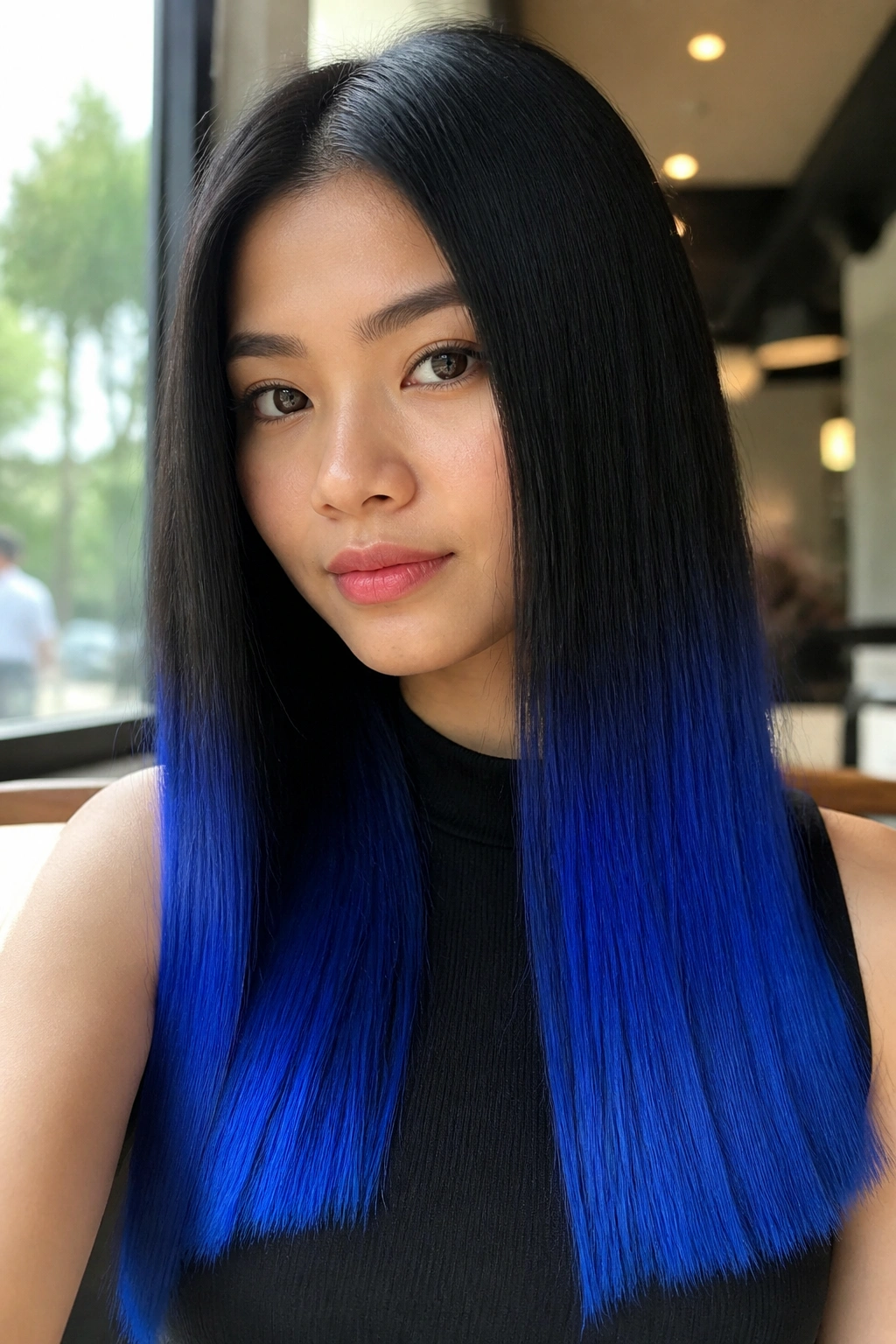 Close-up of a real person with straight long hair and royal blue block fade