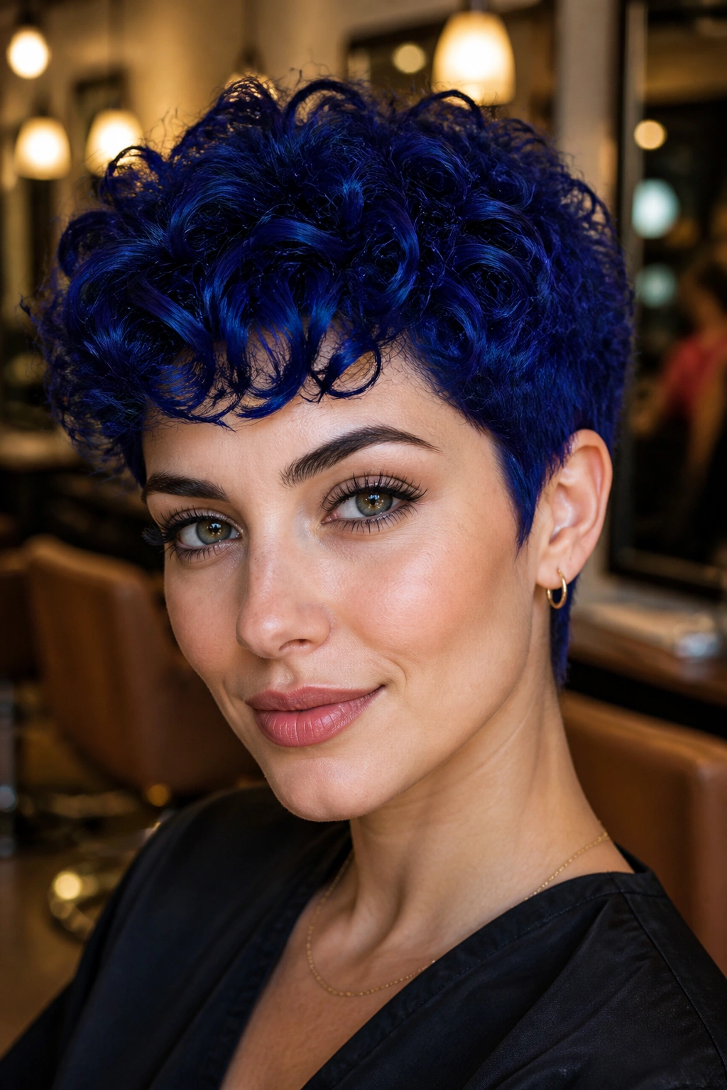 Close-up of a real person with royal blue curls cropped at the jawline.