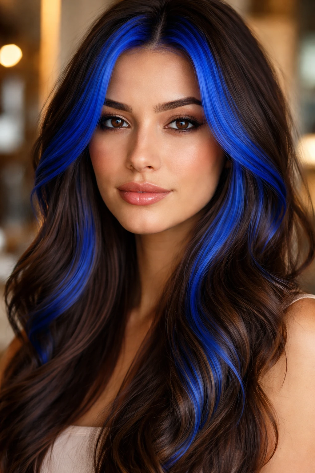 Close-up portrait of a real woman with a royal blue money piece framing her face in warm salon light.