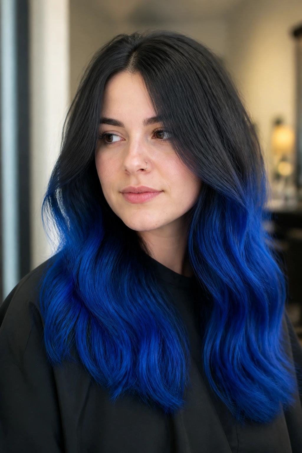 Close-up portrait of a woman with royal blue ombré hair and dark roots.
