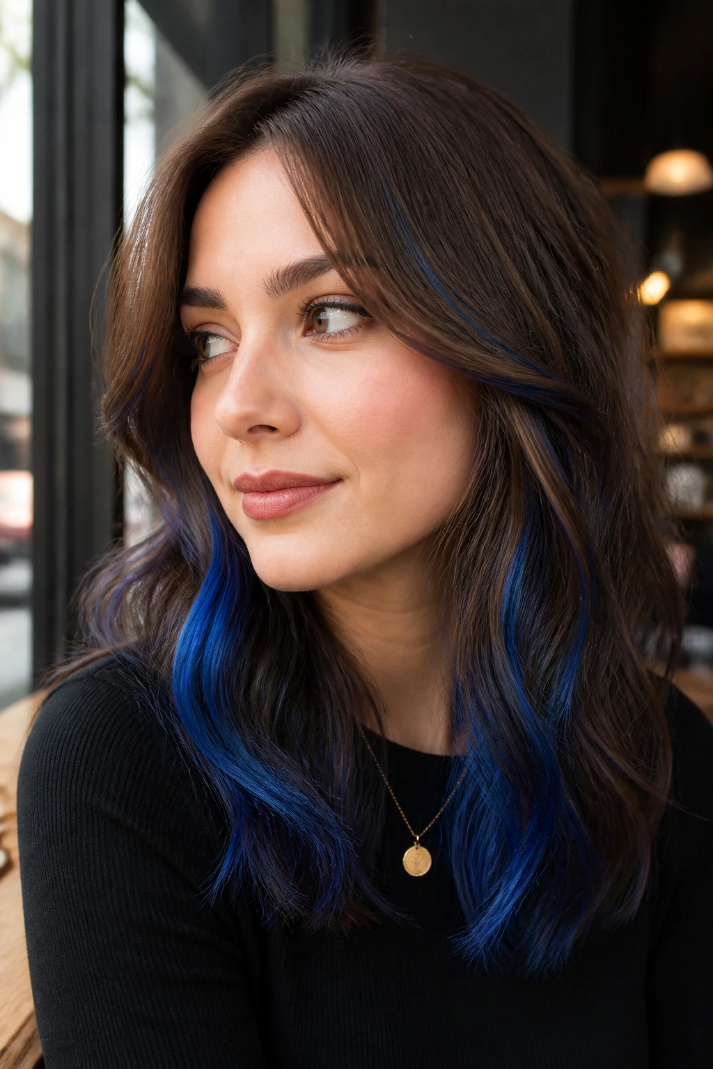 Chestnut hair with royal blue slices along the perimeter