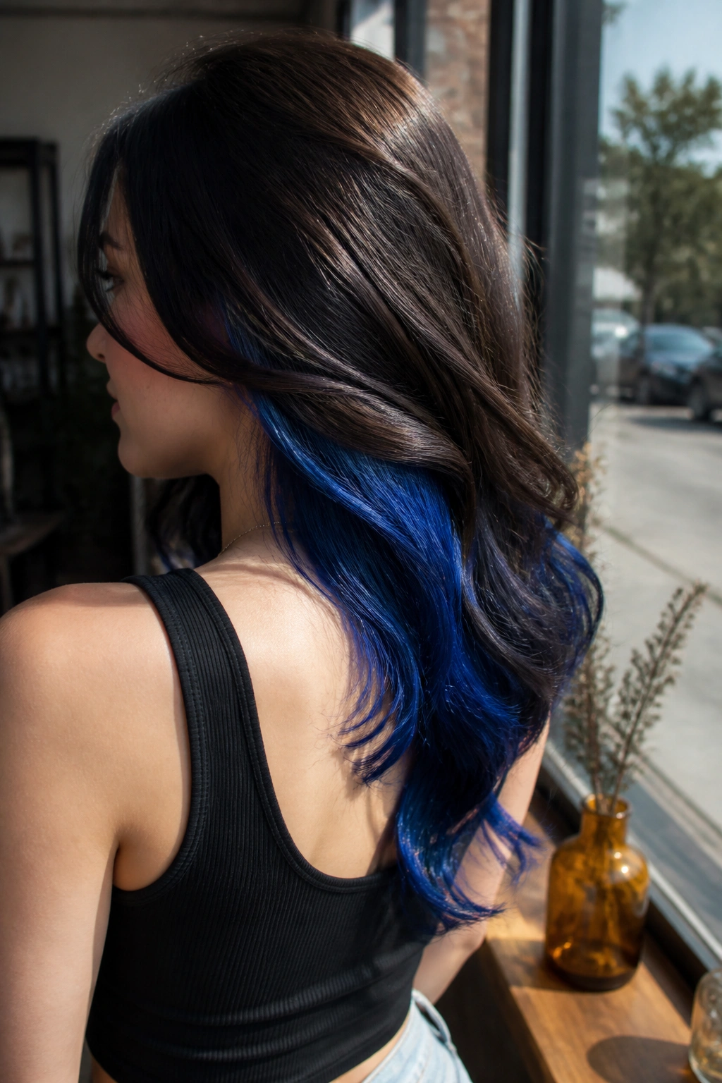 Long brown hair with bright royal blue underlights visible under top layer