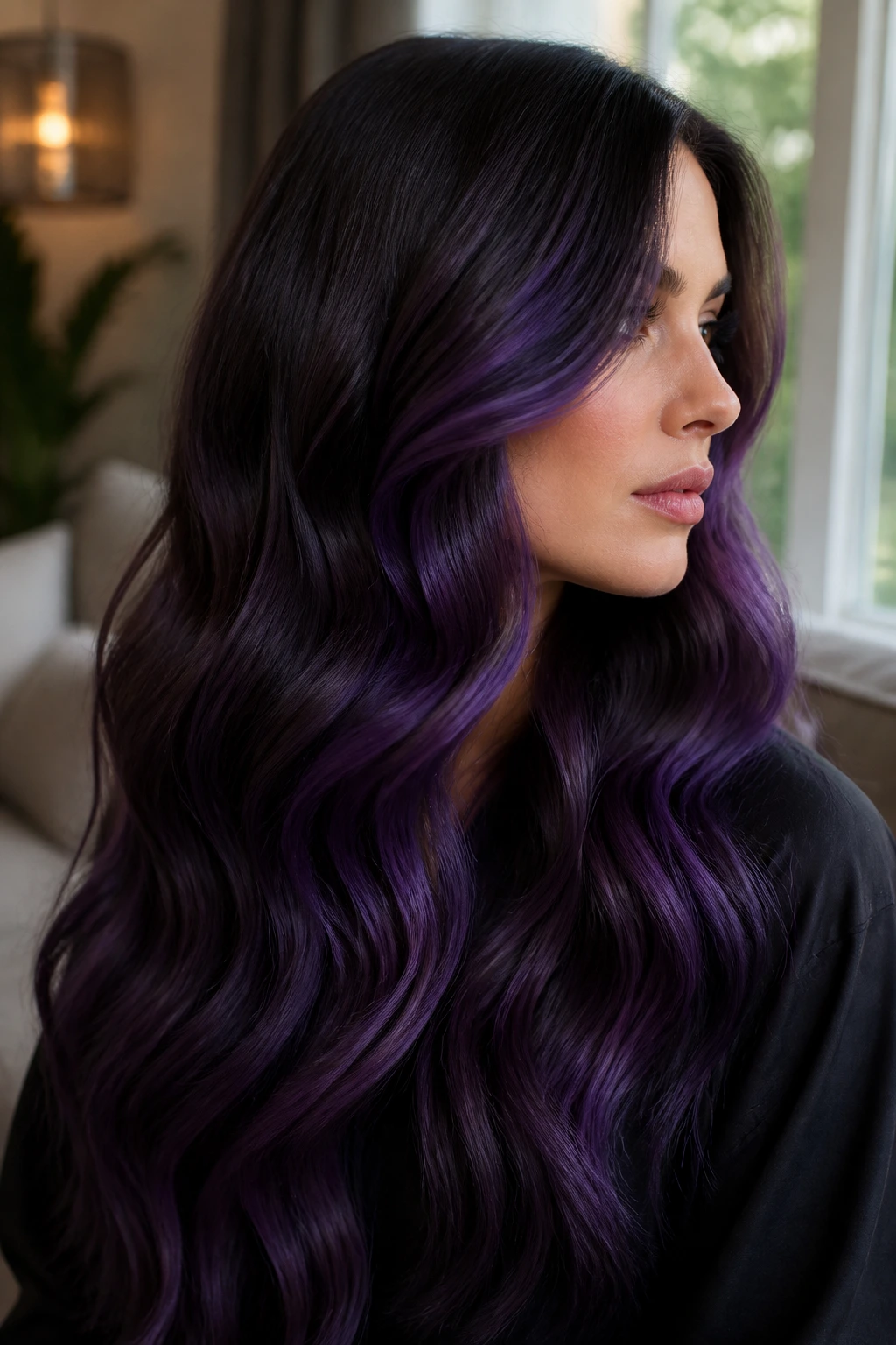 Close-up of long wavy hair with royal purple S-curve balayage