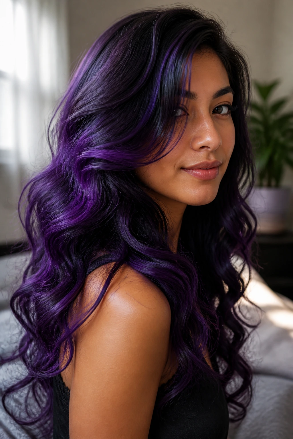 Portrait of a real woman with royal purple curl sweep on long curly hair