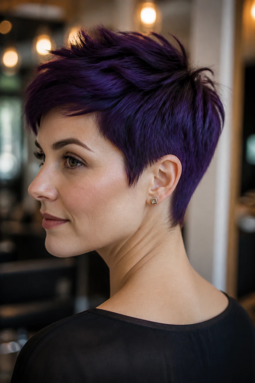 Close-up portrait of a real woman with royal purple pixie and clean neckline