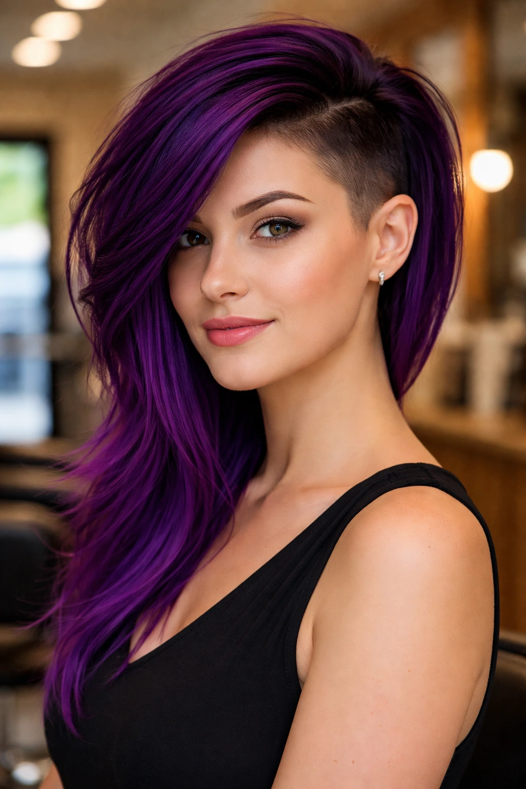 Close-up of real person with royal purple undercut and long top layers in a modern salon.