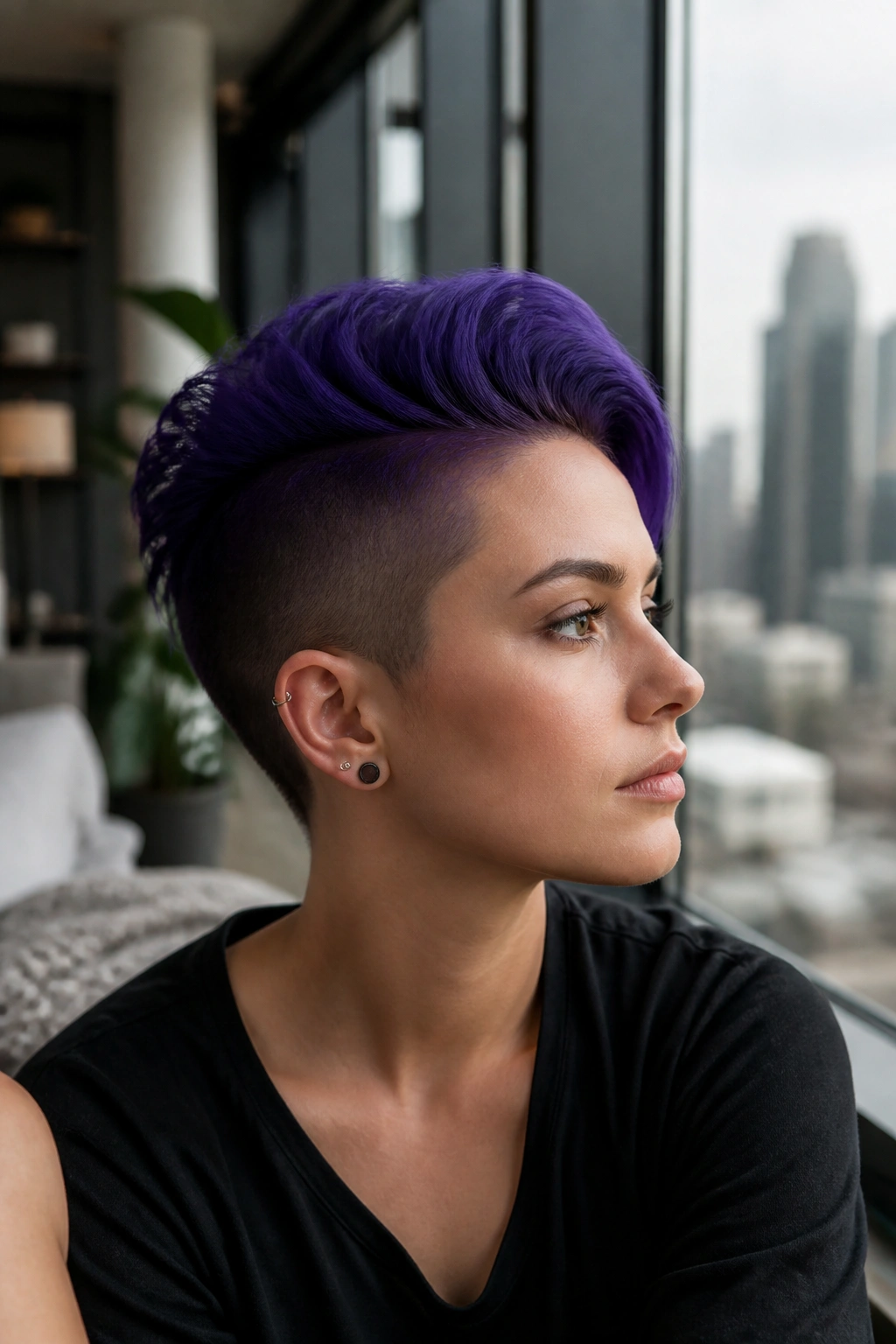 Portrait of a real person with royal purple undercut in an urban apartment