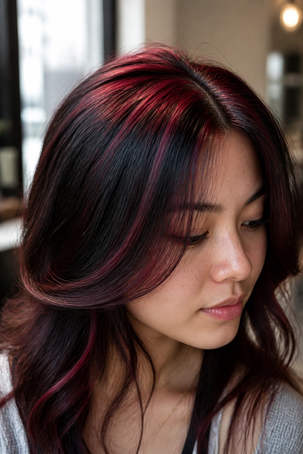 Real woman with ruby babylights around the crown on dark hair.