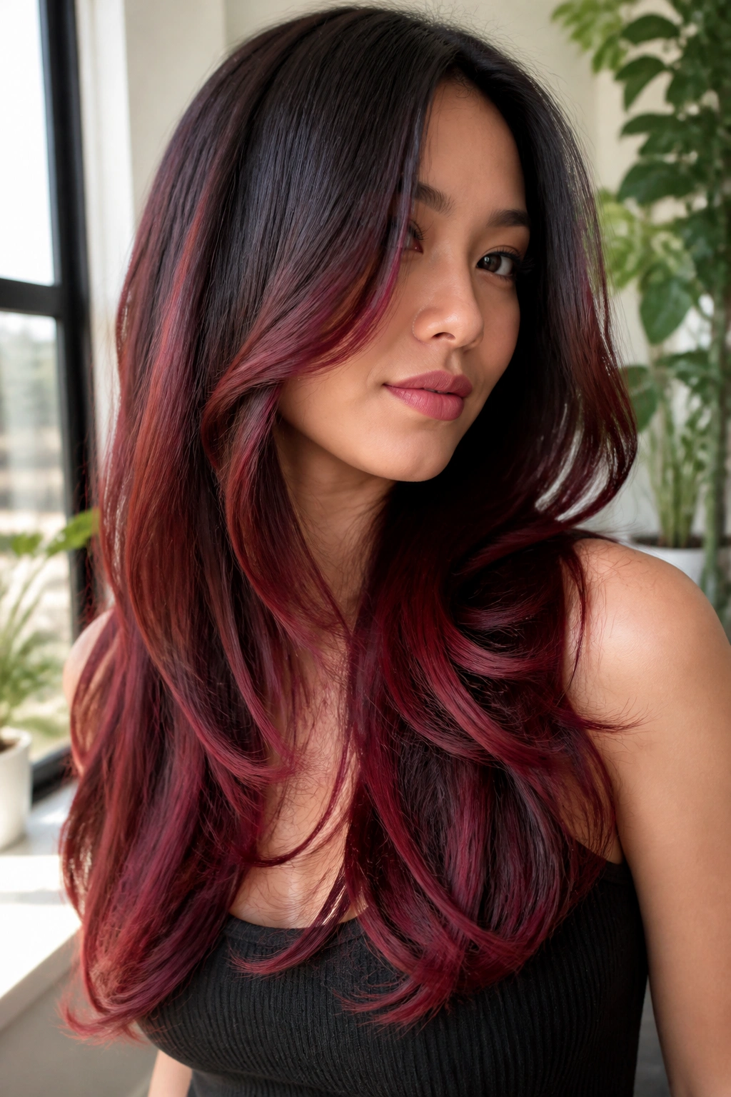 Portrait of a real woman with long layered hair and deep ruby balayage.