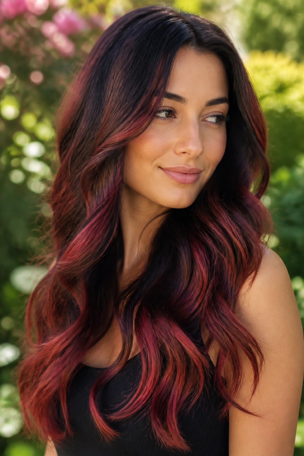 Real woman with black-to-red ombre hair featuring ruby balayage ribbons in mid-lengths.