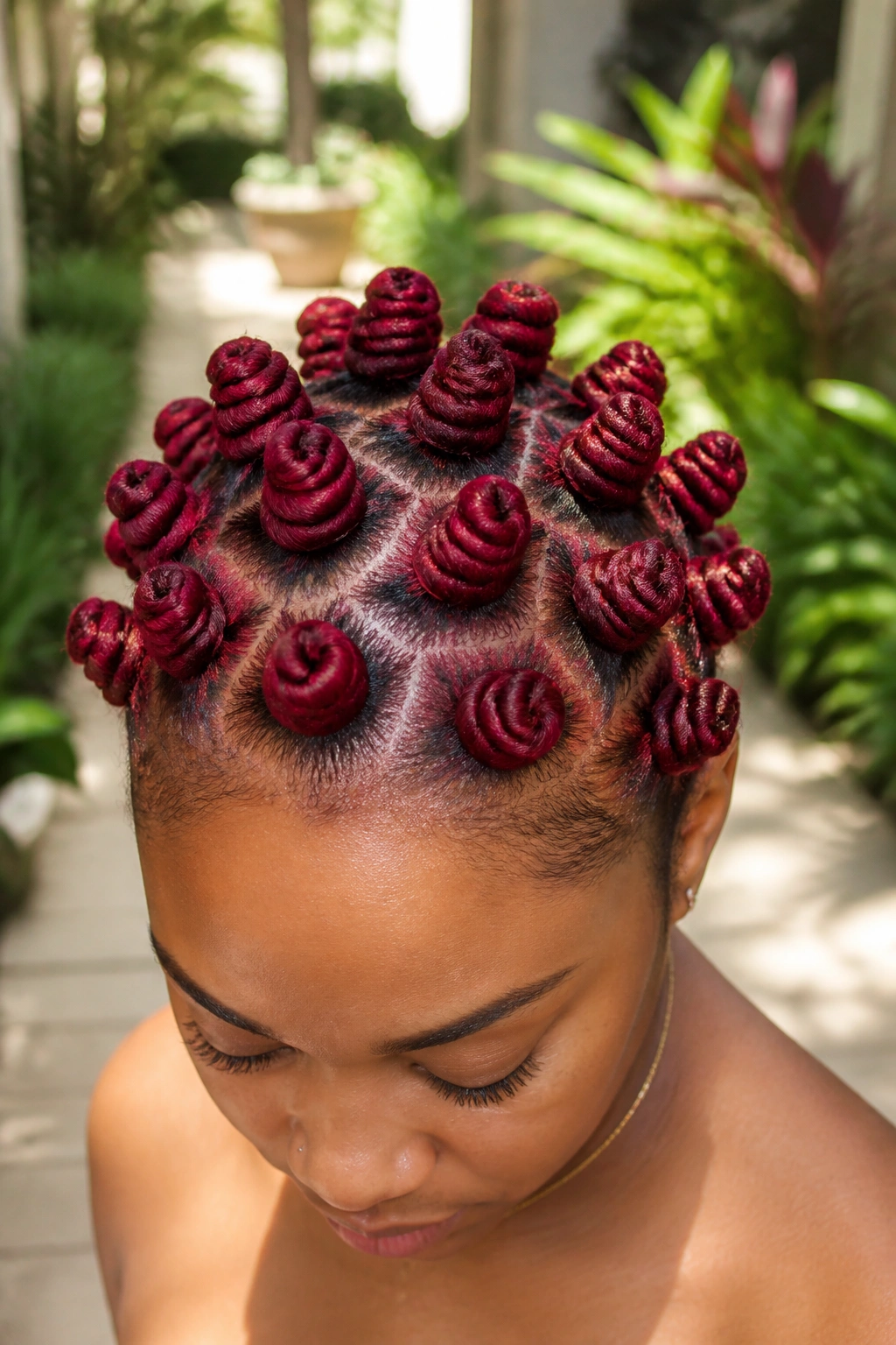 Close-up of Ruby red bantu knots on a Black woman in outdoors