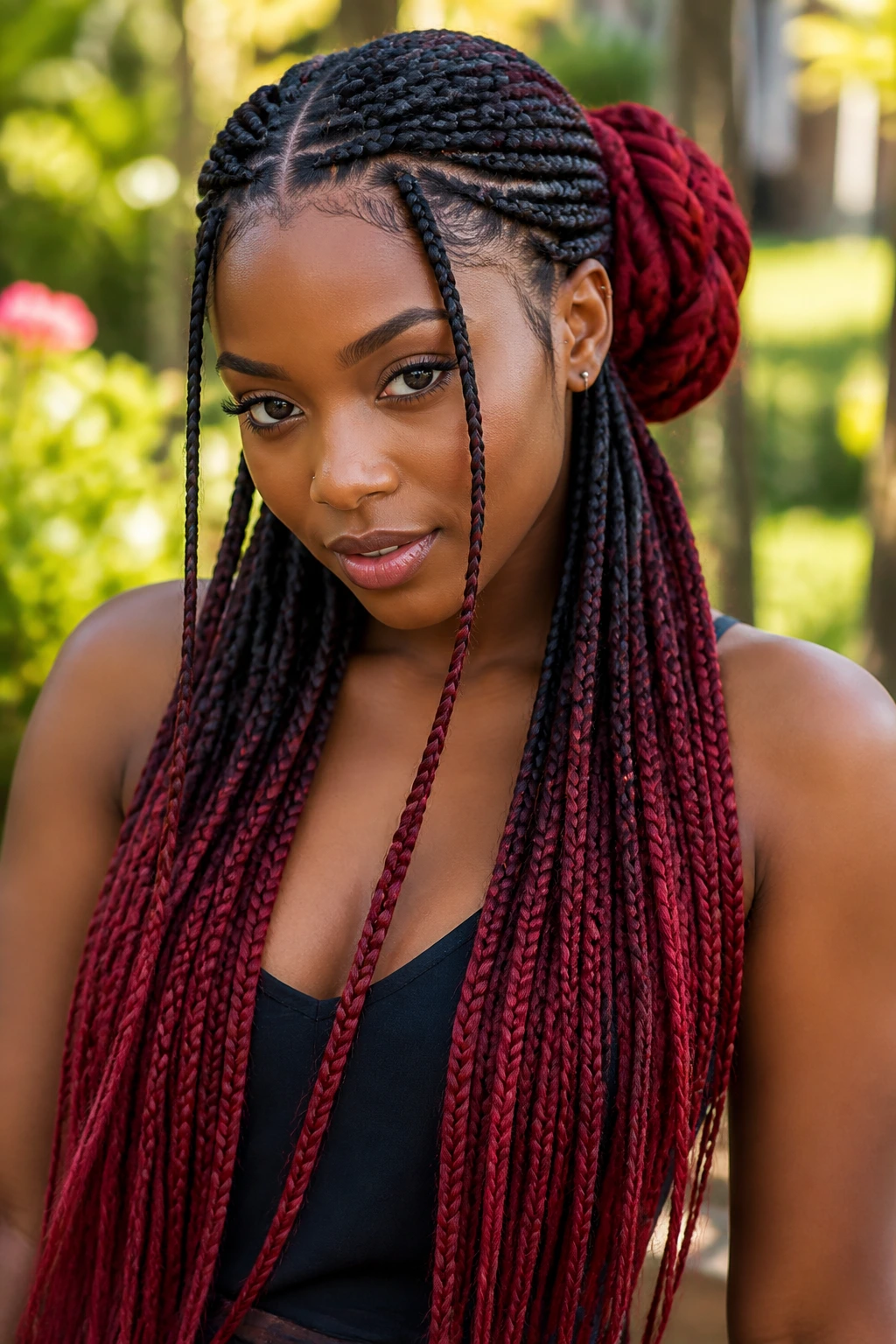 Portrait of real person with ruby-red braids and a bun in natural light