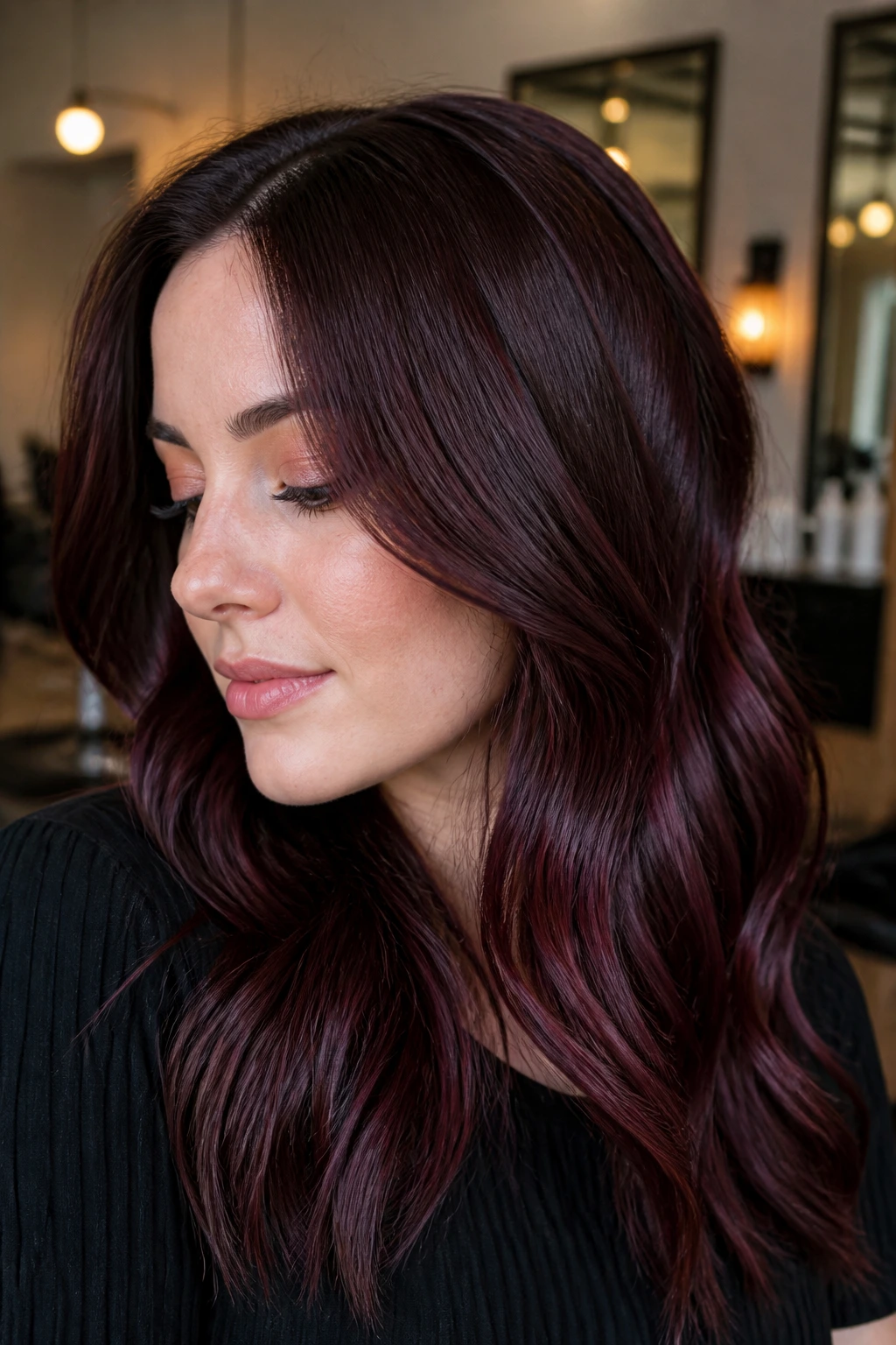 Close-up of a real woman with brunette hair enhanced by ruby-brown gloss