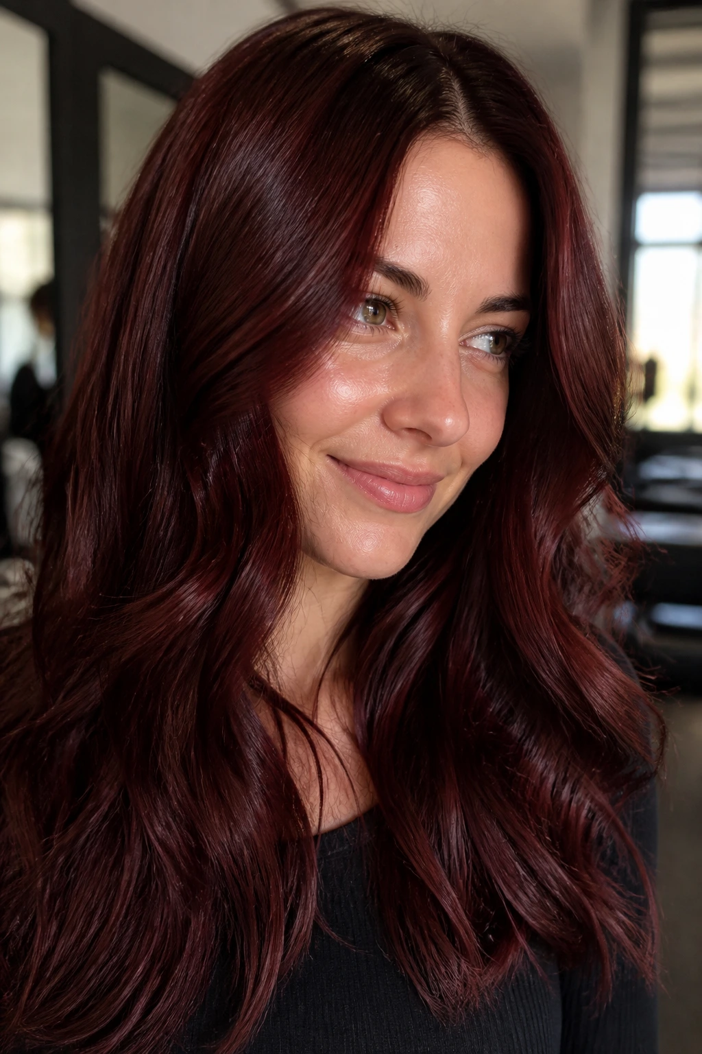 Close-up of real woman with ruby brown hair and glossy finish