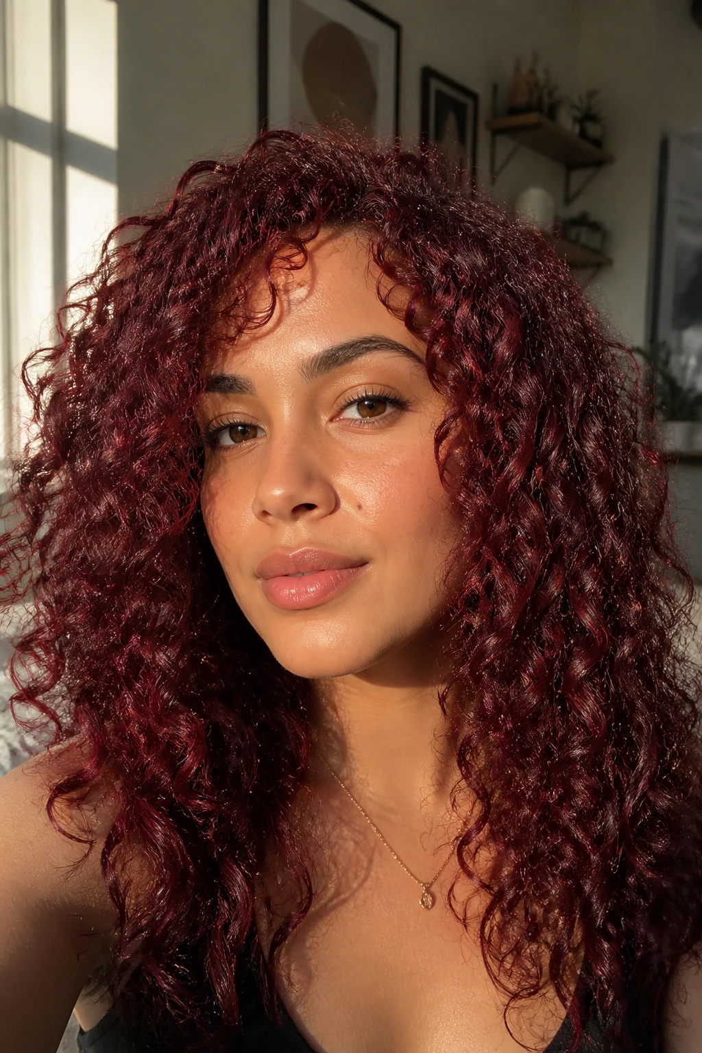 Portrait of a person with ruby burgundy curls and glossy ringlets.