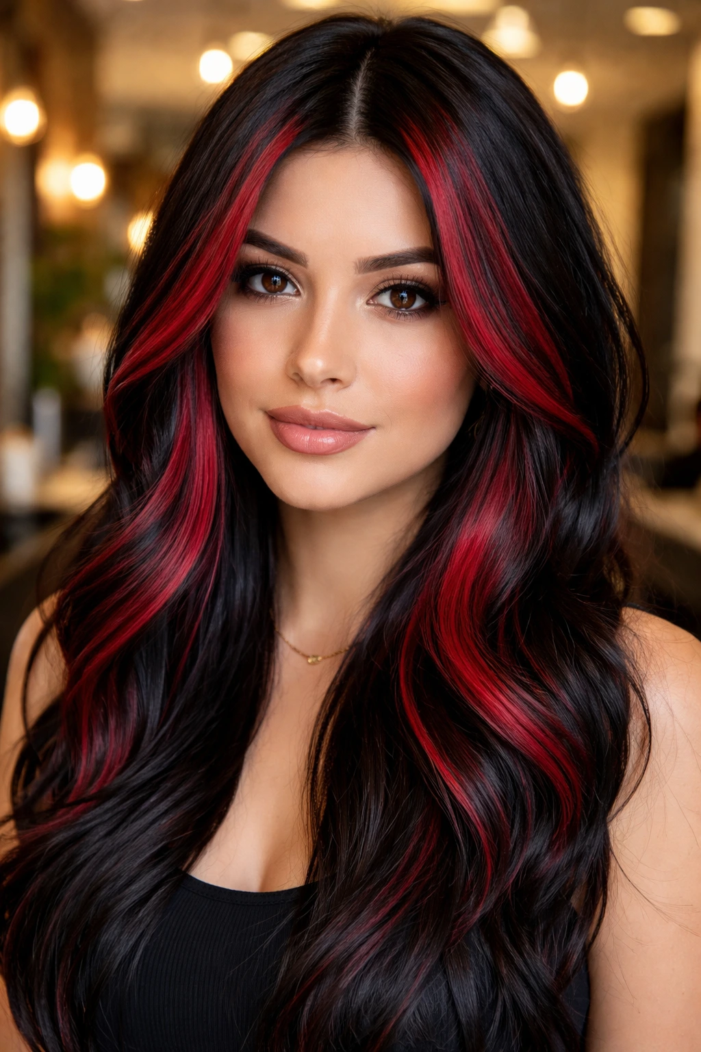 Close-up of real person with jet-black hair and vibrant ruby chunky highlights