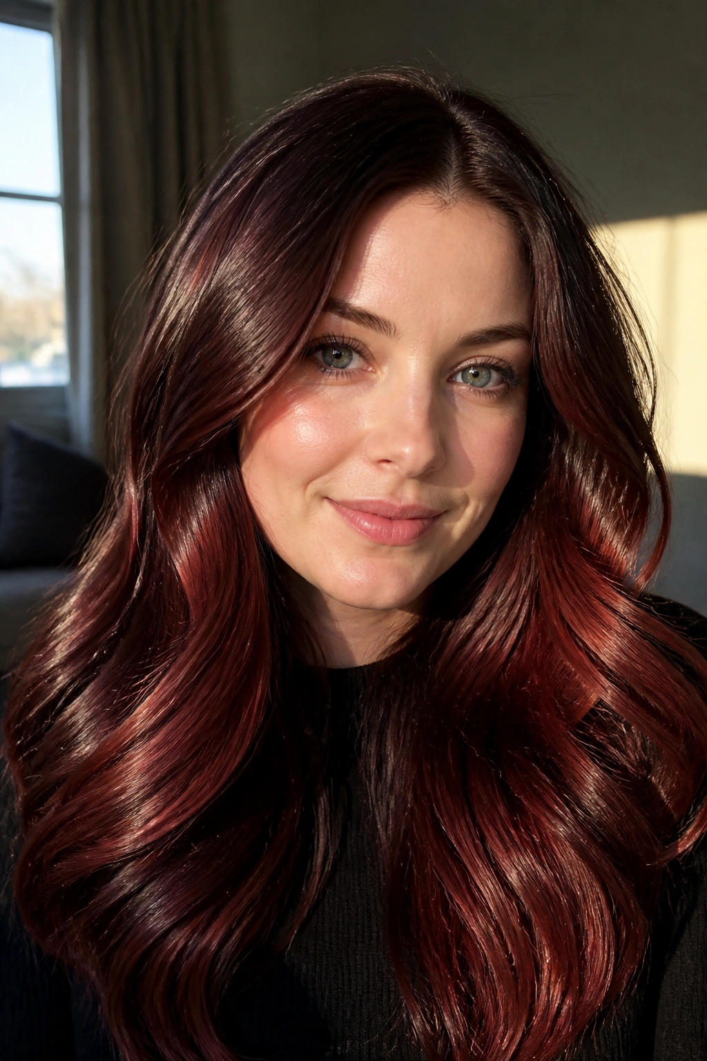 Close-up of ruby copper gloss on a brunette hairstyle