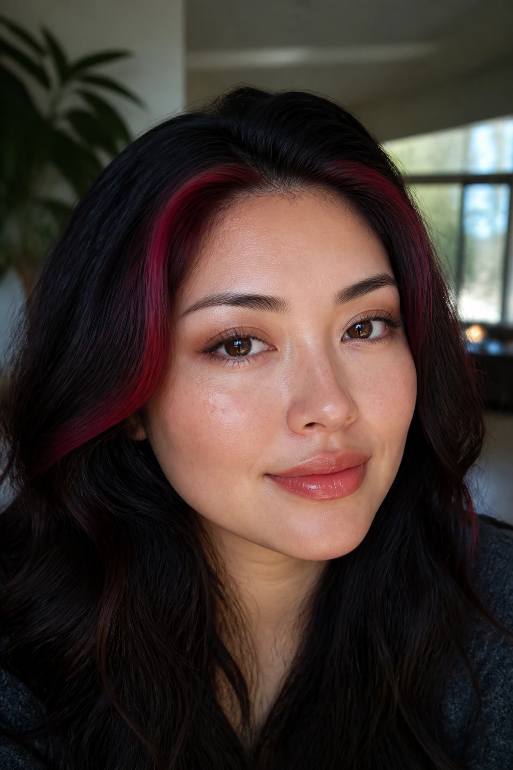 Portrait showing a thin ruby halo around the hairline to lift the face.