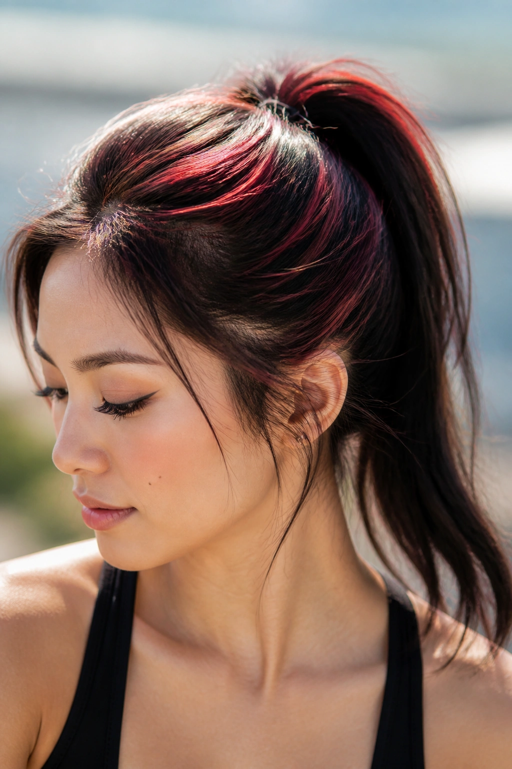 Close-up of real person with high ponytail and ruby halo around the crown