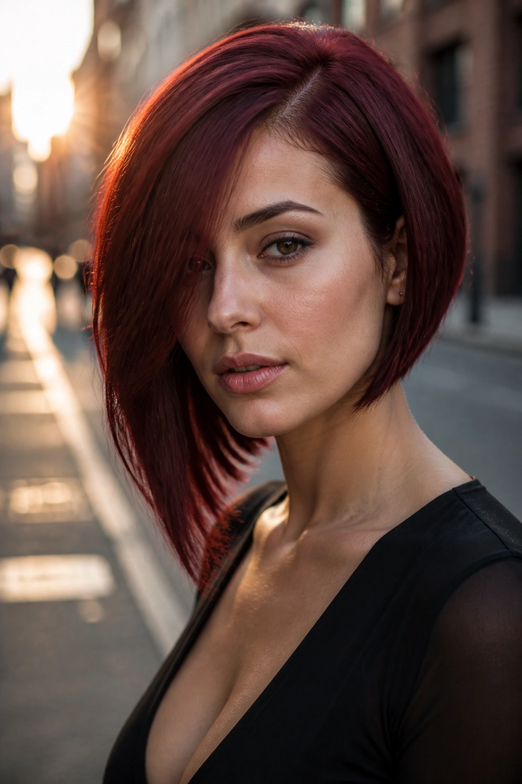 Close-up portrait of a woman with ruby asymmetrical lob