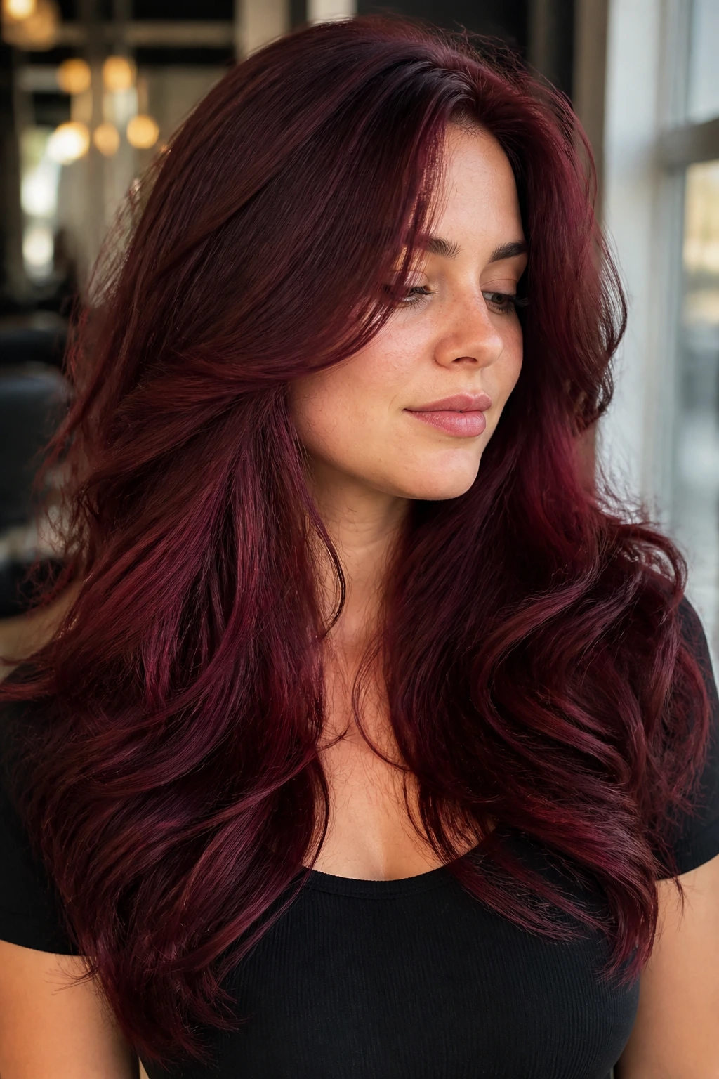Close-up of a real woman with thick hair dyed ruby mahogany showing depth and layering