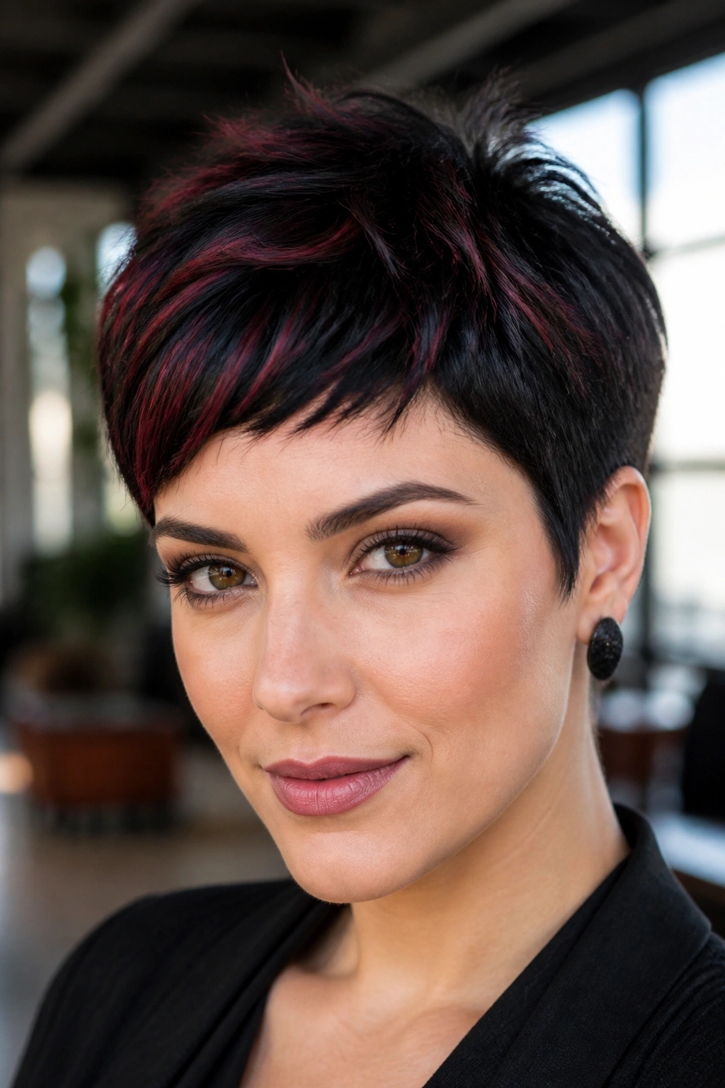 Pixie cut with ruby micro-highlights on top.