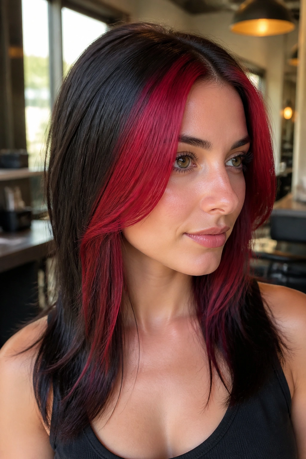 Close-up portrait of a woman with ruby front panels framing her face on dark brunette hair
