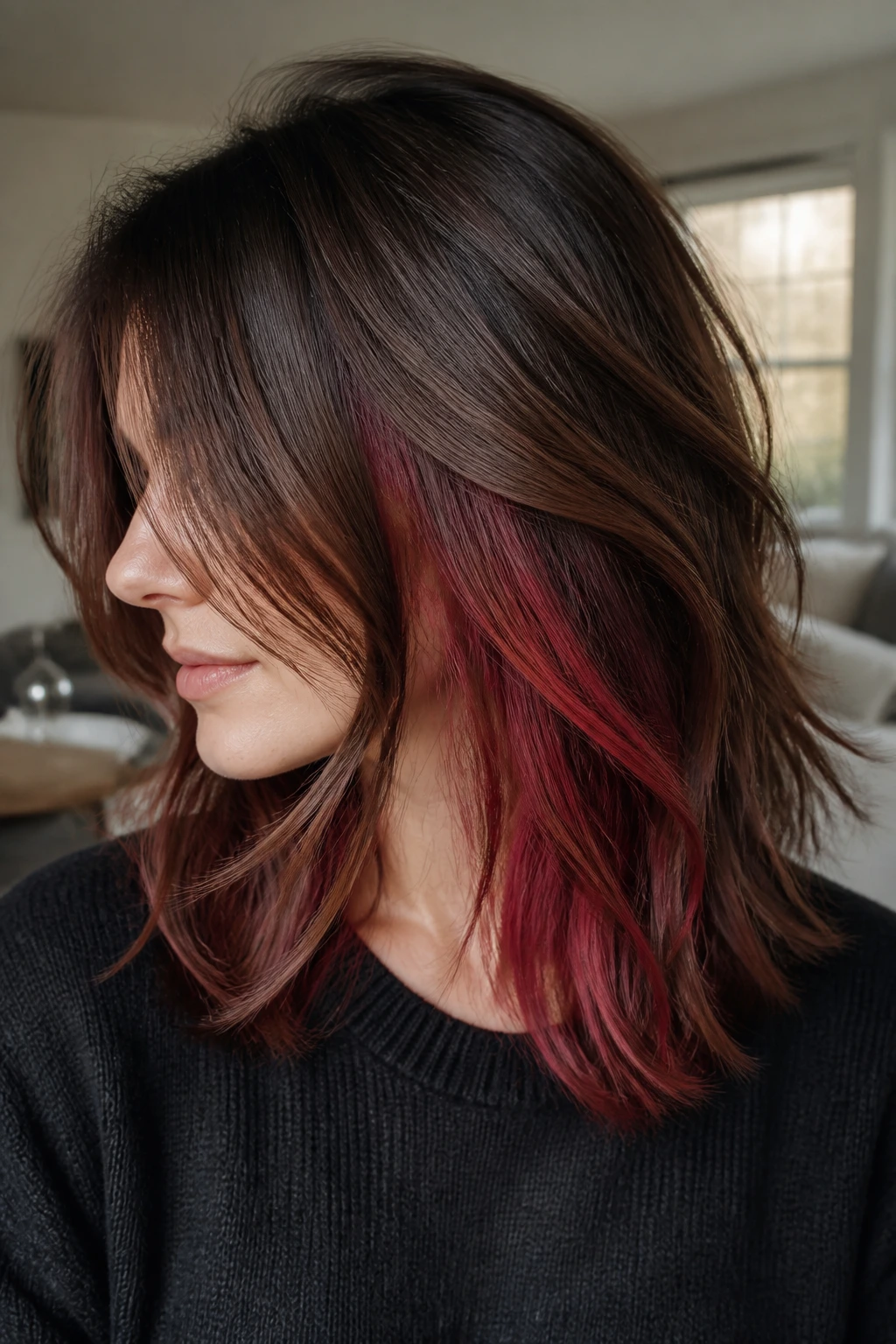 Close-up of a real woman with ruby peekaboo balayage showing red underlayers beneath brown hair
