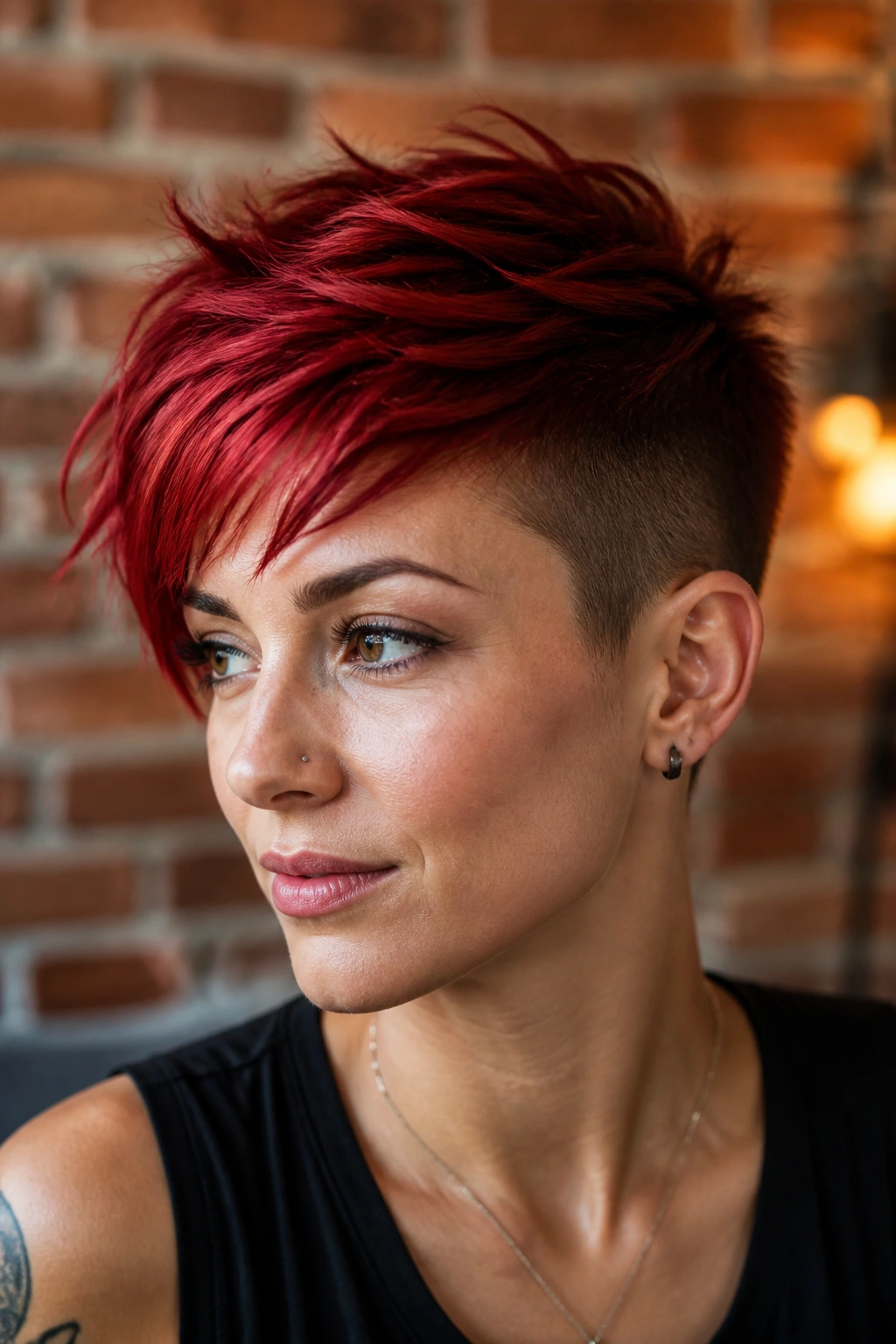 Close-up of a real person with ruby razor-cut pixie and undercut in a loft setting