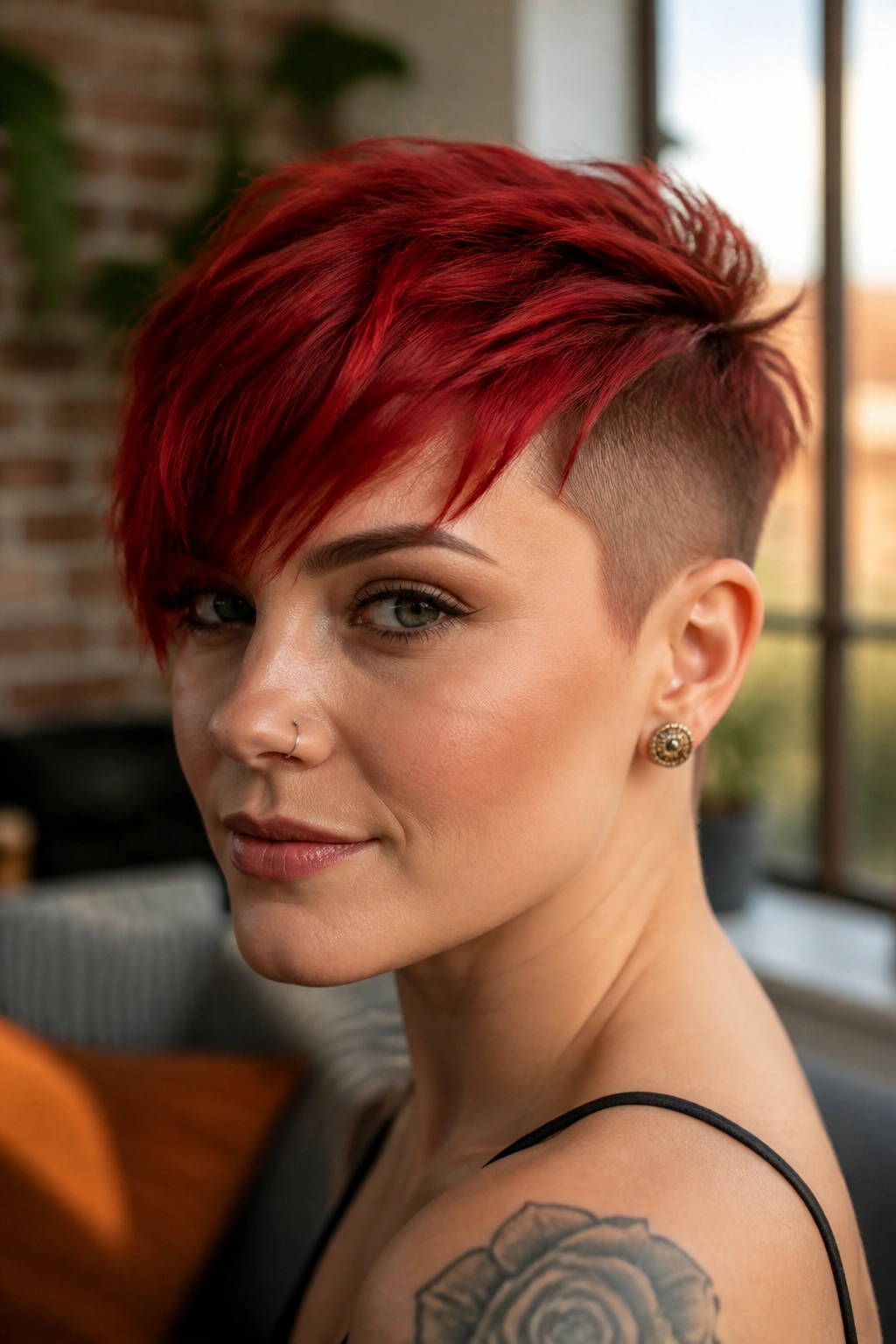 Close-up portrait of a real woman with a ruby red pixie and undercut