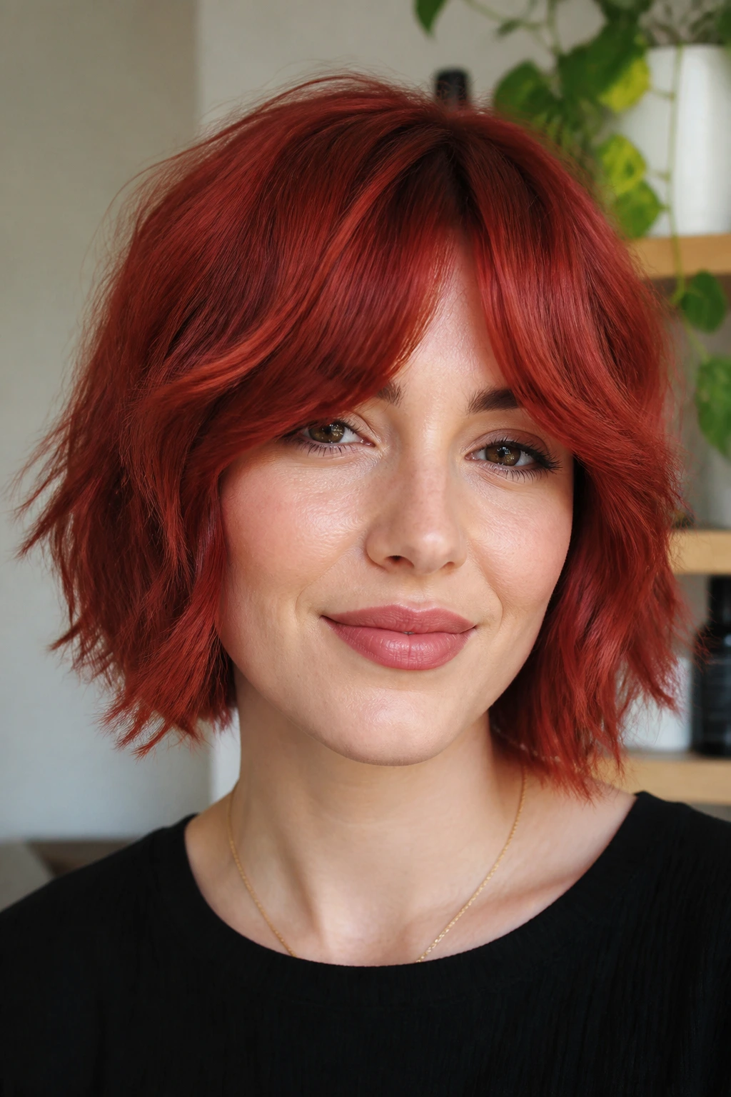 Ruby red shag with bottleneck bangs on a real person