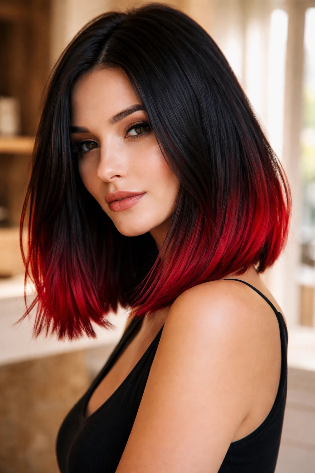 Close-up of blunt-lob hair with intense ruby red dip-dye at the ends.