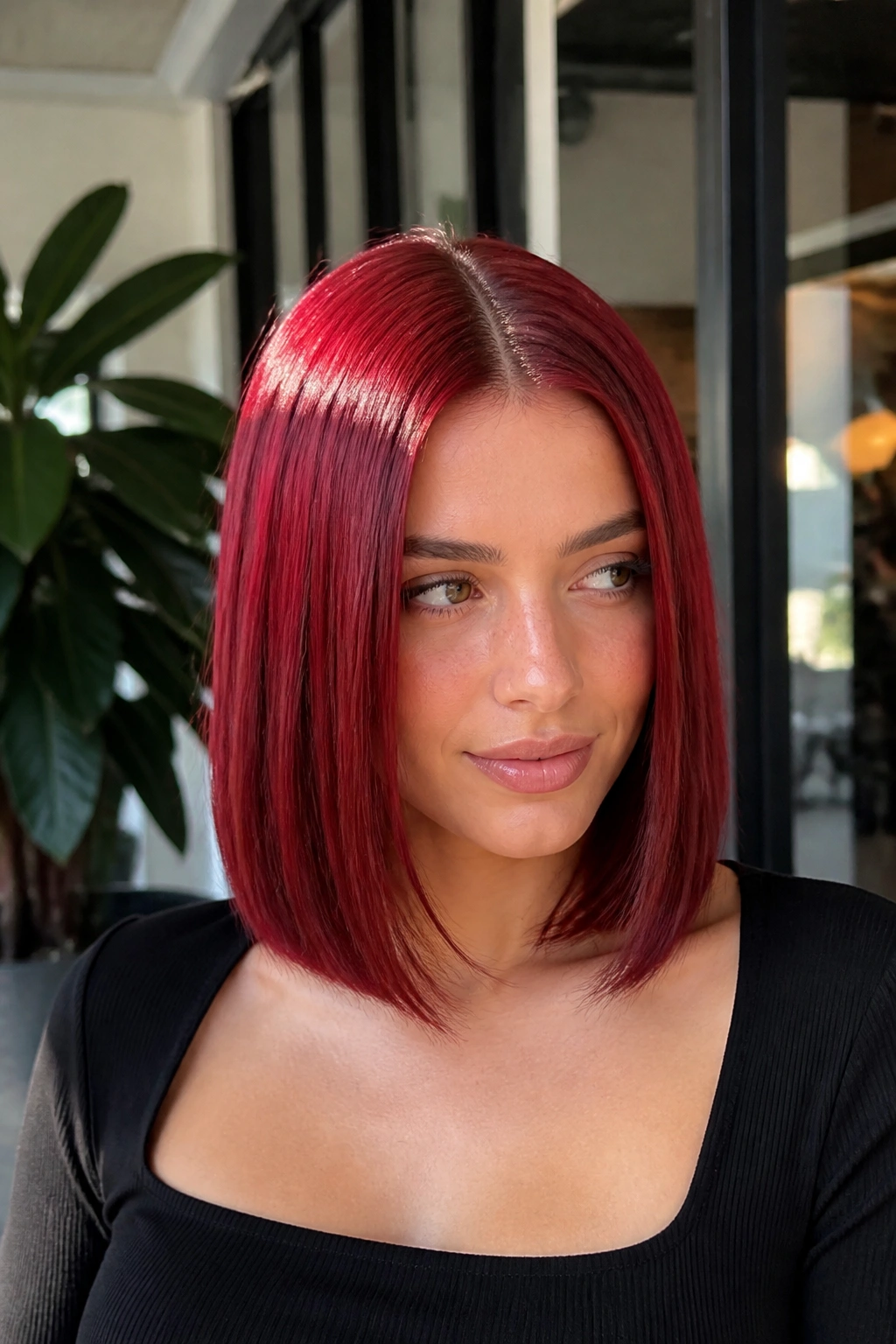 Real woman with sleek bob in ruby red gloss under indoor light