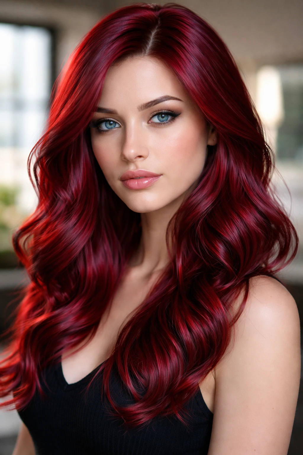 Close-up portrait of a person with glossy ruby red hair.