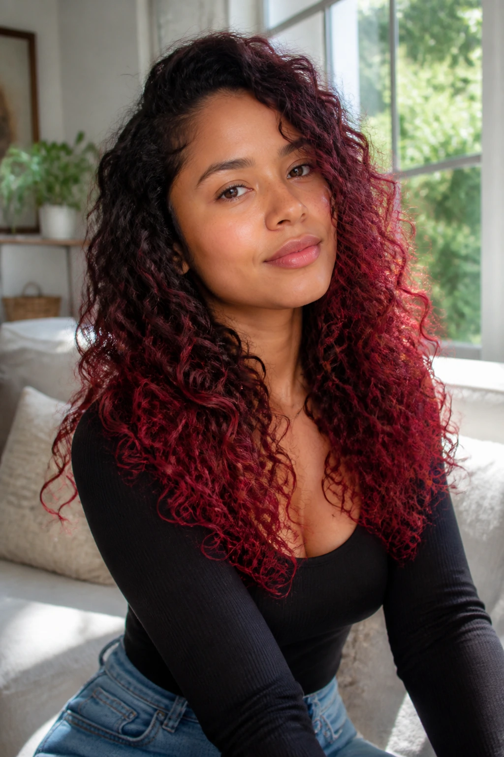 Close-up of real woman with long curls showing ruby red ombré from roots to ends