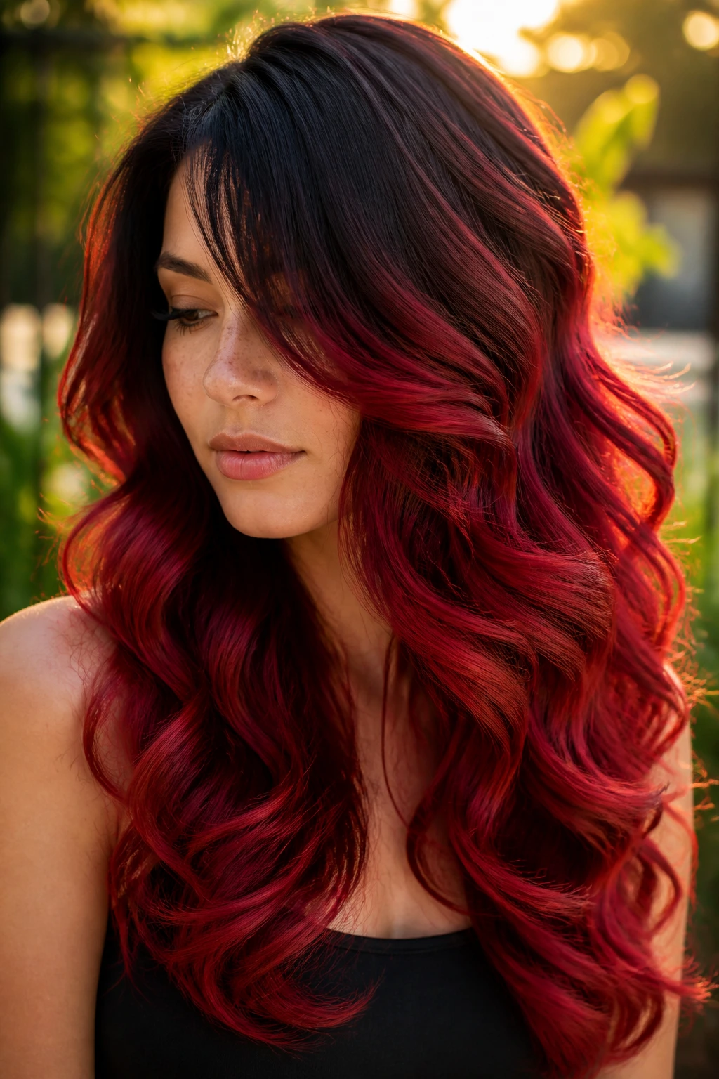 Layered curls with ruby red ombre in golden-hour garden light