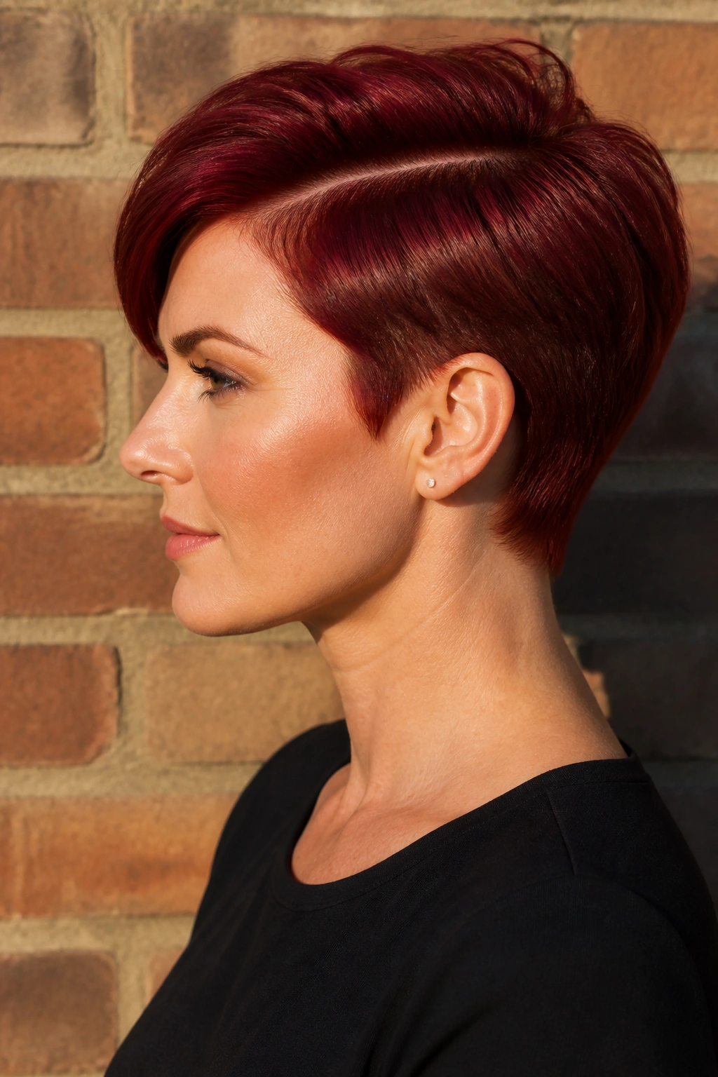 Side-profile of a real woman with ruby red pixie and deep side part against soft brick backdrop