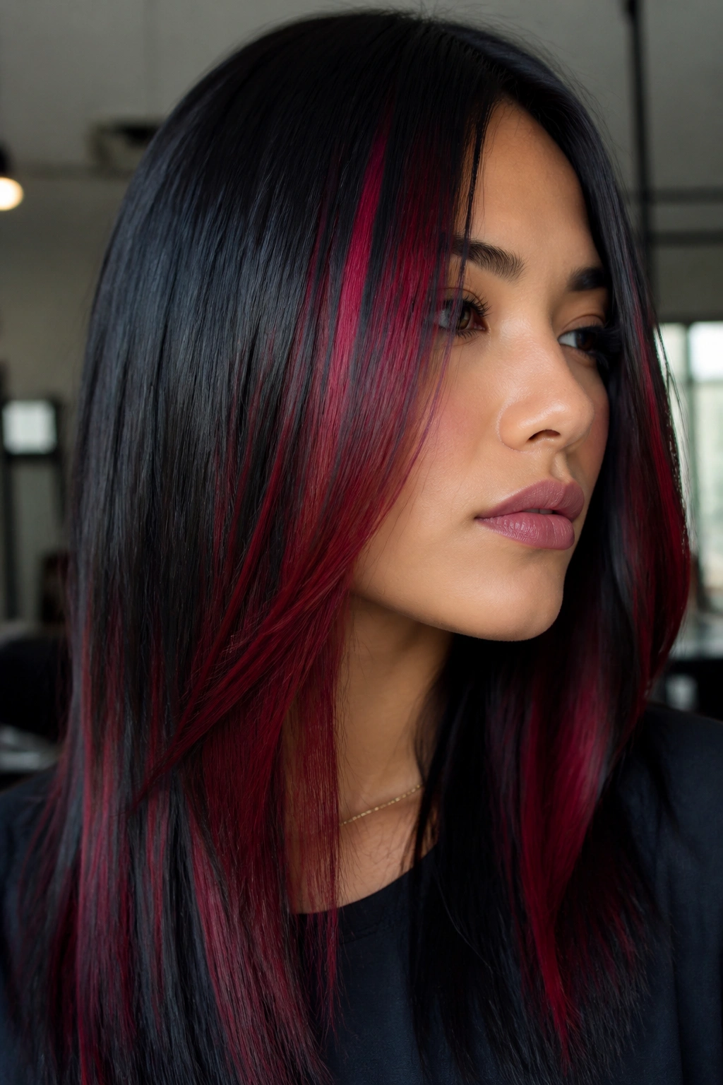 Black hair with ruby red slice highlights