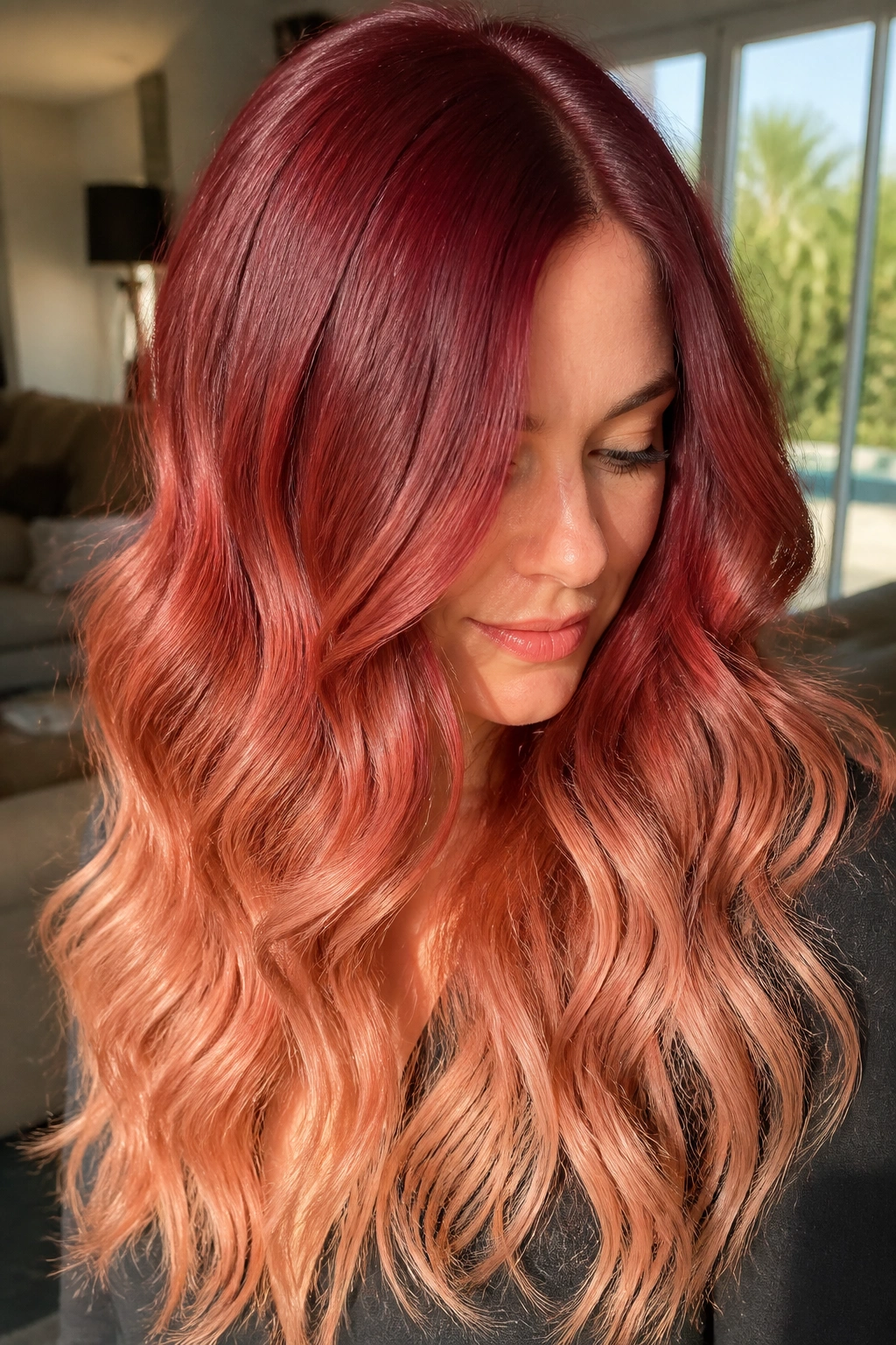 Close-up of a real woman with ruby to rose gold melt on long hair.