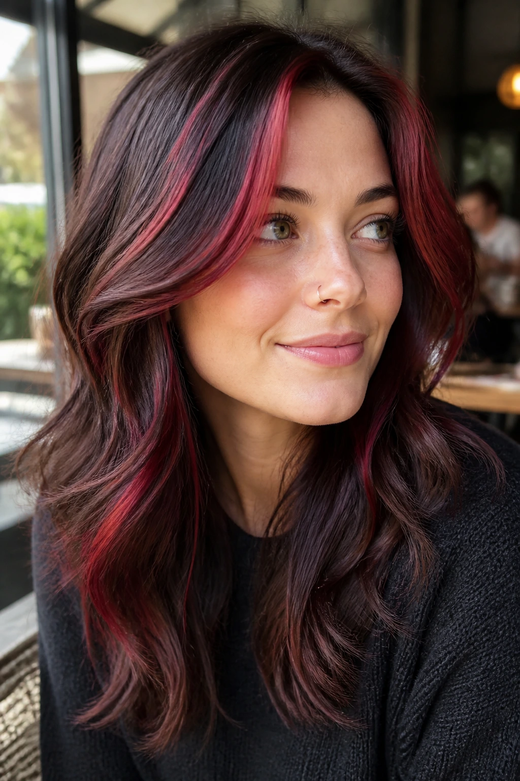 Close-up of a real woman with ruby slice highlights around temples