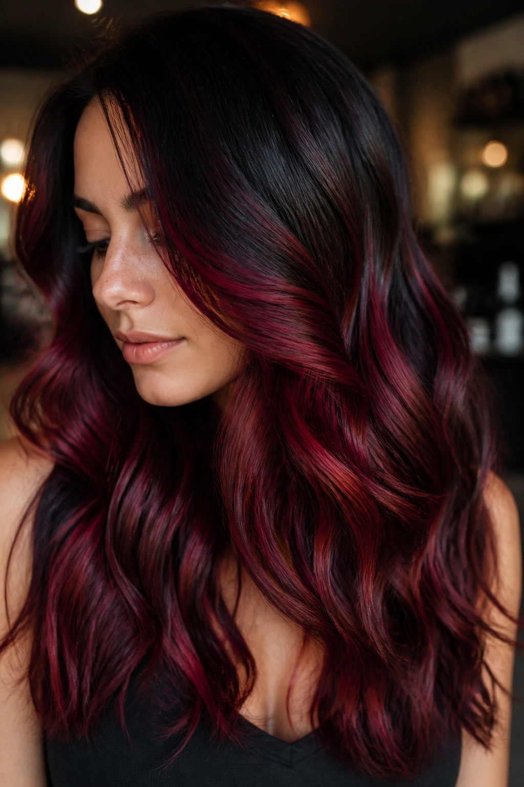 Brunette with deep ruby red balayage, close-up portrait, jewel-tone shine.