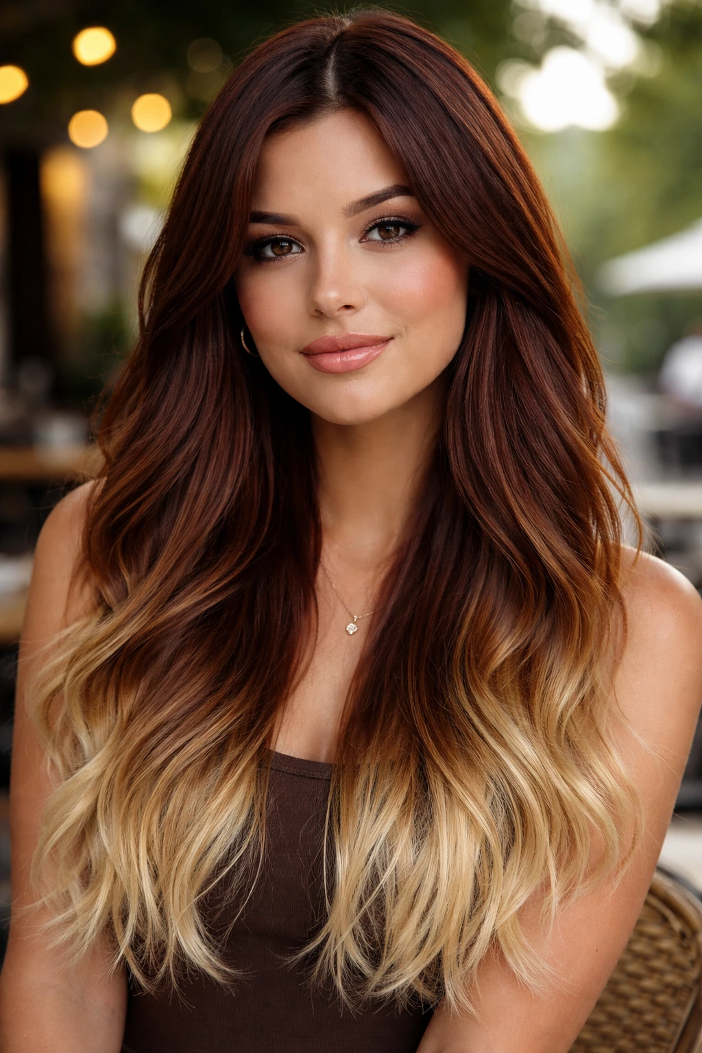Portrait of a woman with russet brown hair and blonde tips in a dip-dye style